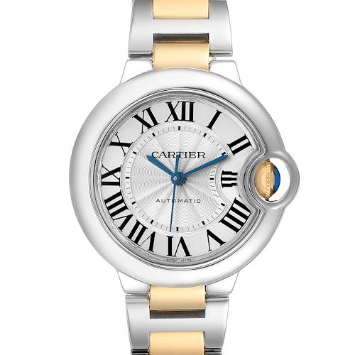 The Cartier Ballon Bleu W2BB0002 Women's Steel and Gold (two tone) Silver Dial watch is shown from the front, detailing the face, Roman numerals, blue hands, and part of the bracelet.