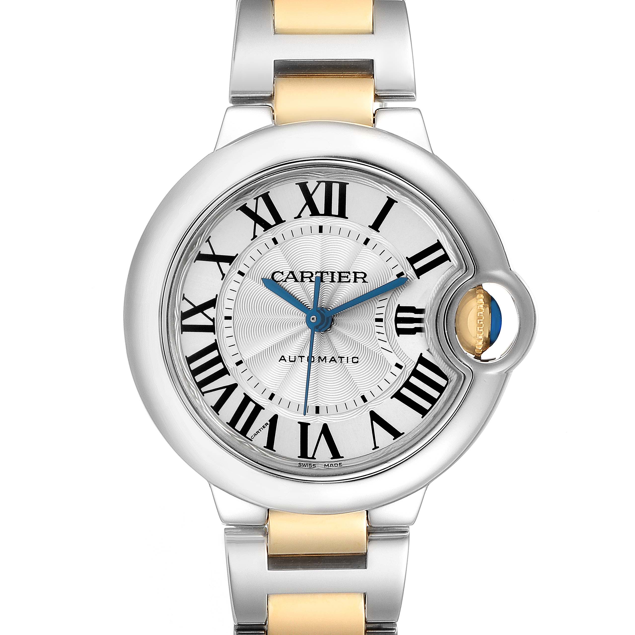 The Cartier Ballon Bleu W2BB0002 Women's Steel and Gold (two tone) Silver Dial watch is viewed from the front, showcasing the face, Roman numerals, and distinct crown.
