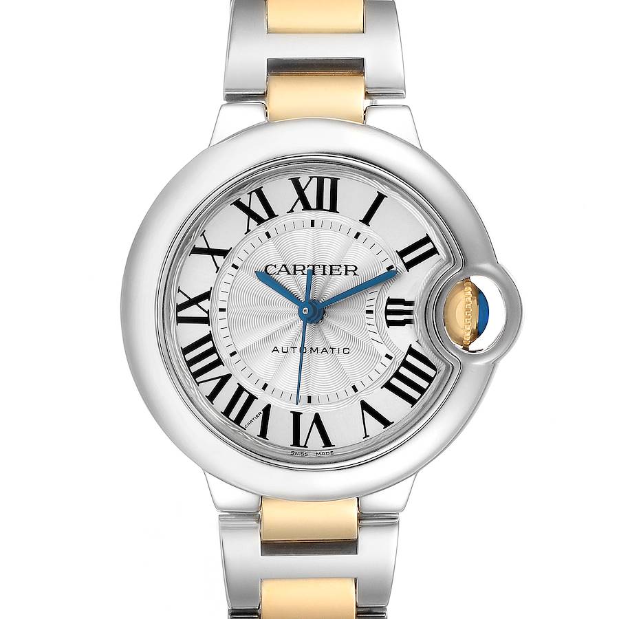 The Cartier Ballon Bleu W2BB0002 Women's Steel and Gold (two tone) Silver Dial watch is viewed from the front, showcasing the face, Roman numerals, and distinct crown.