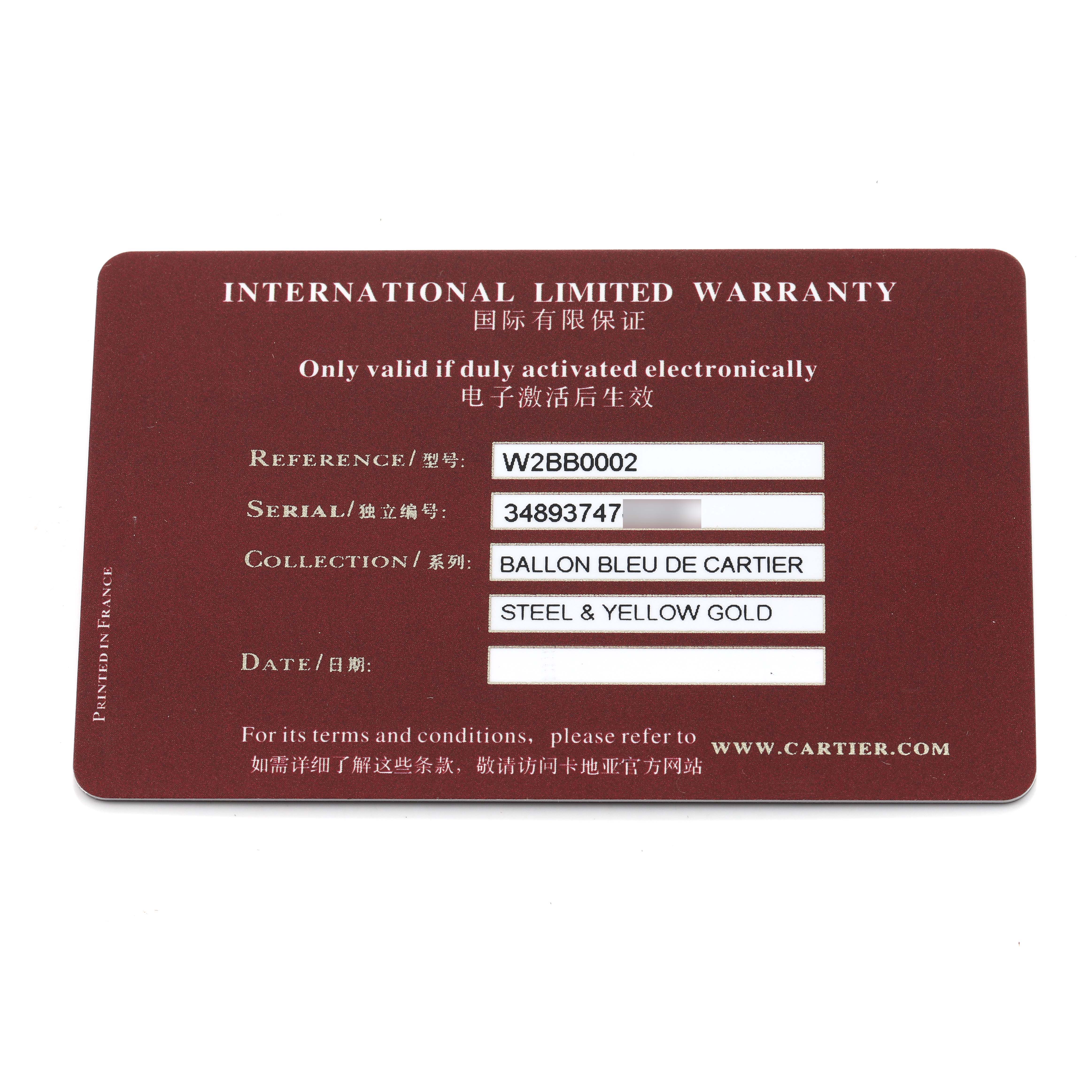 The image shows an International Limited Warranty card for the Cartier Ballon Bleu W2BB0002 Women's Steel and Gold (two tone) Silver Dial model, detailing reference, serial, and collection info.