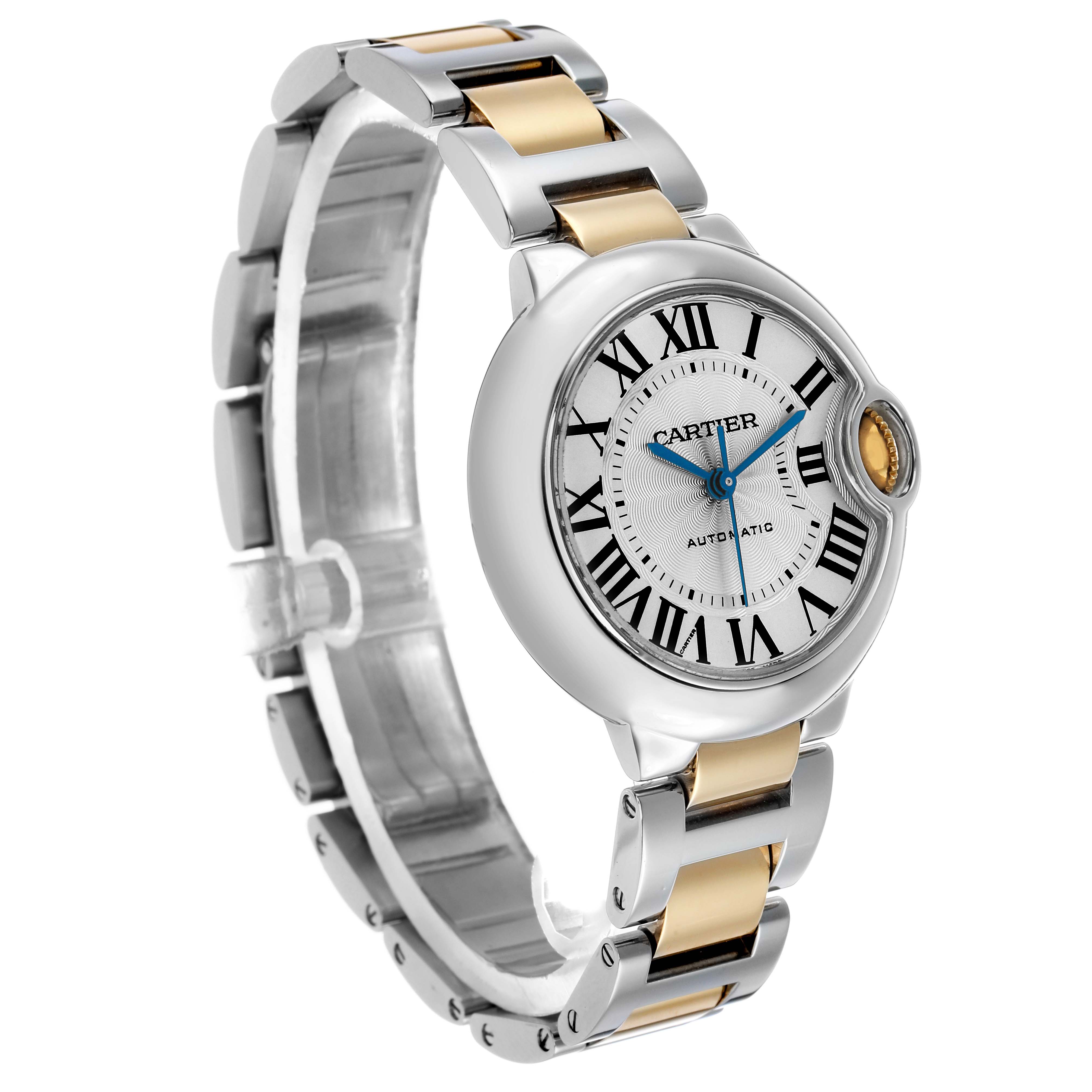 The Cartier Ballon Bleu W2BB0002 Women's Steel and Gold (two tone) Silver Dial watch is shown at a three-quarter angle, highlighting the face, crown, and two-tone bracelet.