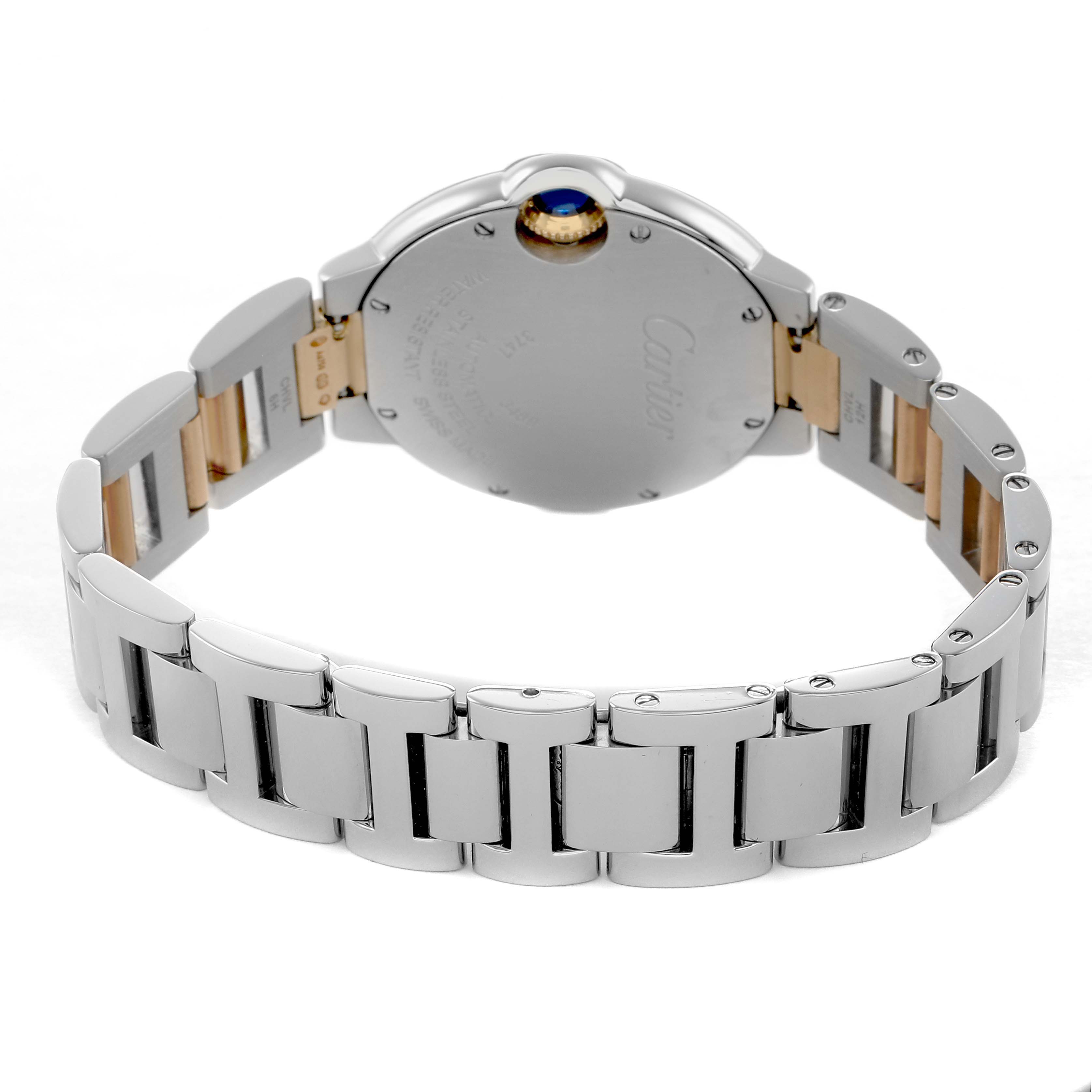 The Cartier Ballon Bleu W2BB0002 Women's Steel and Gold (two tone) Silver Dial watch is shown from the back, highlighting the case back and metal bracelet.