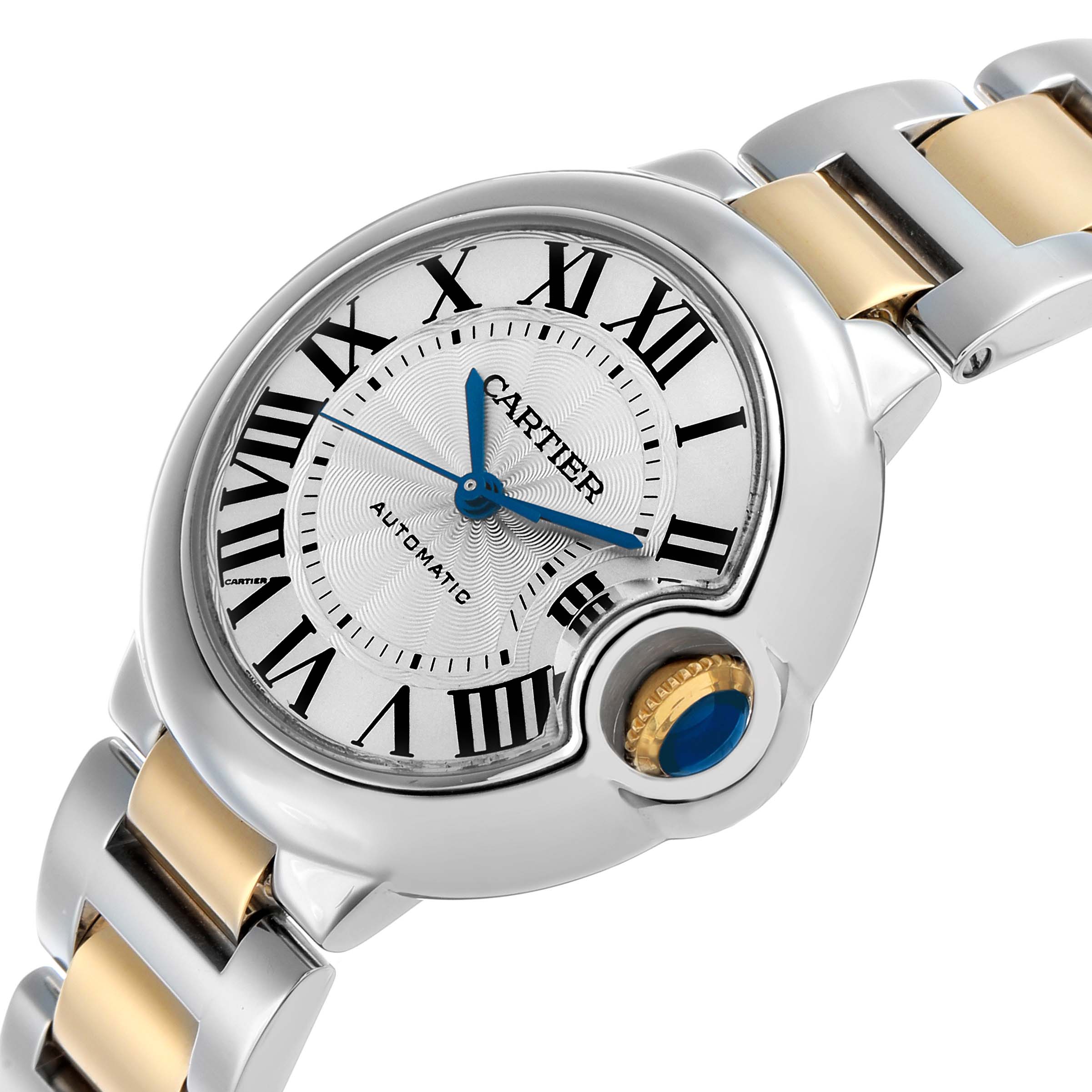 The Cartier Ballon Bleu W2BB0002 Women's Steel and Gold (two tone) Silver Dial watch is shown at an angle highlighting the face, crown, and part of the bracelet.
