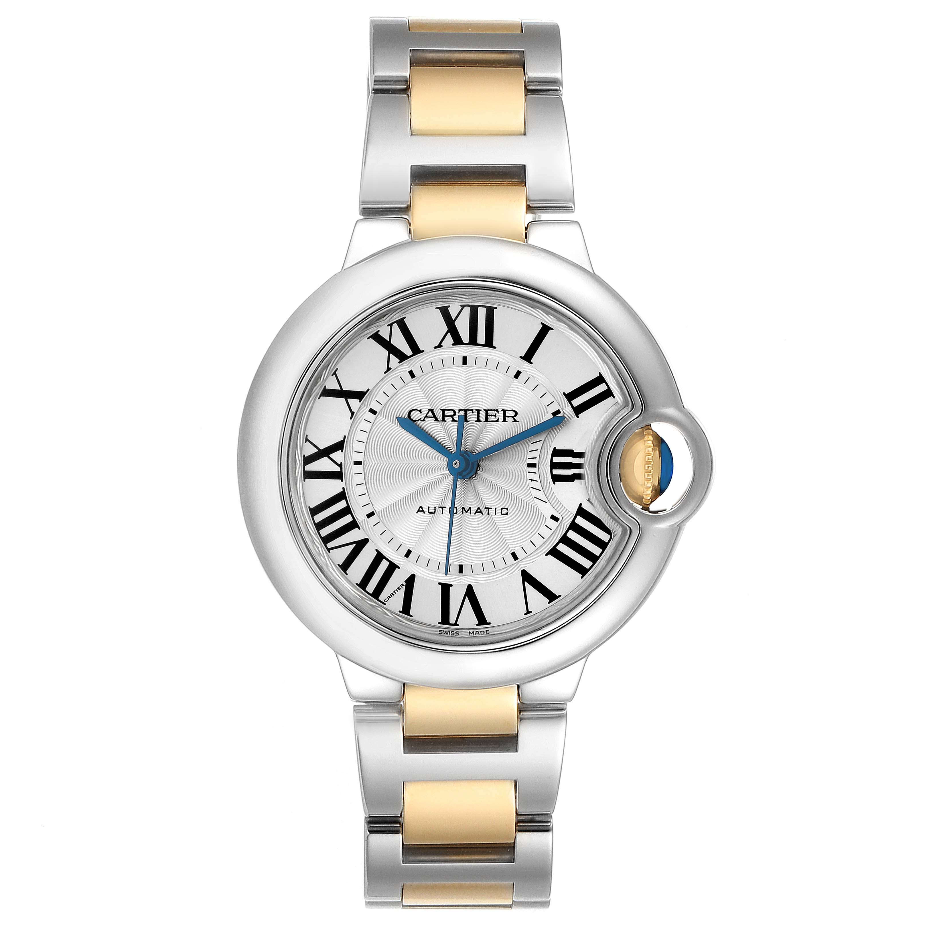 The Cartier Ballon Bleu W2BB0002 Women's Steel and Gold (two tone) Silver Dial watch is shown from a top-down angle, highlighting the face, Roman numerals, and bicolor bracelet.