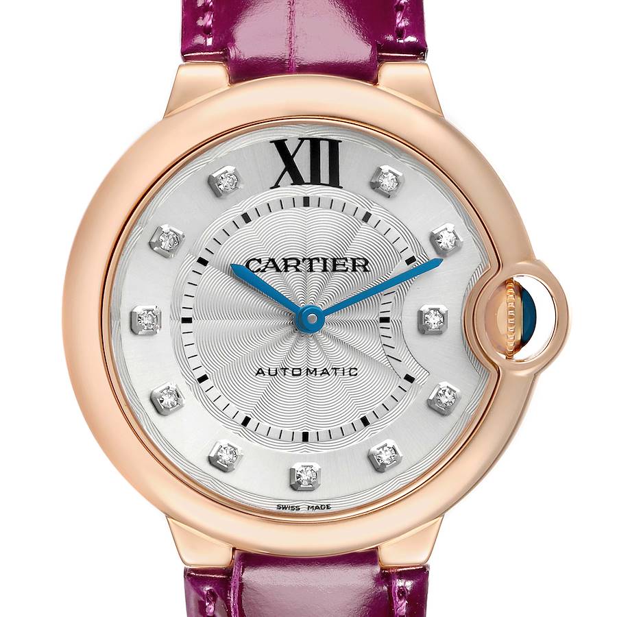 The Ballon Bleu by Cartier is shown from the front, highlighting the dial, bezel, and crown.
