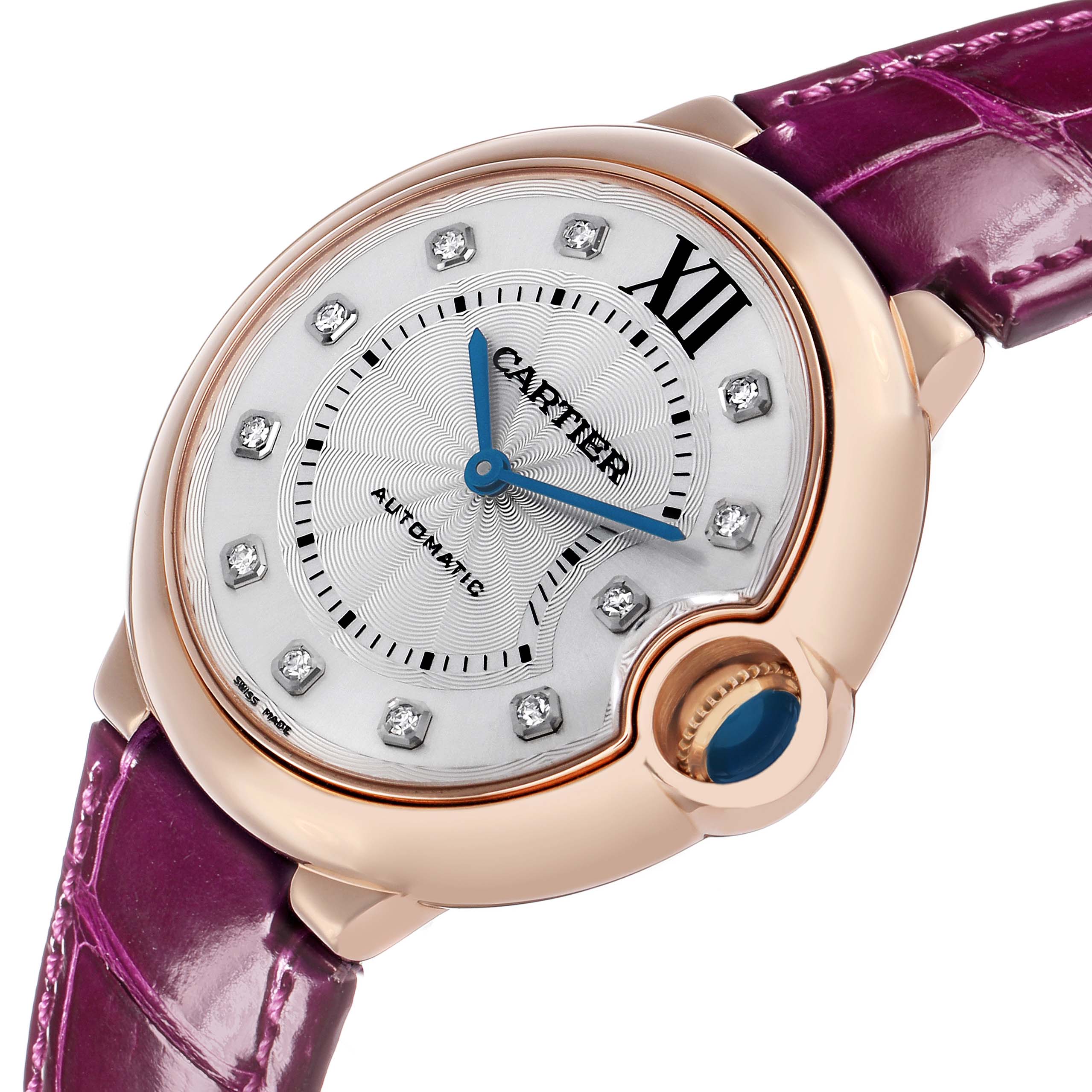 The image shows a close-up of the Cartier Ballon Bleu WE902028 Women's Rose Gold Silver Dial watch, highlighting the dial, crown, and part of the strap at an angled view.
