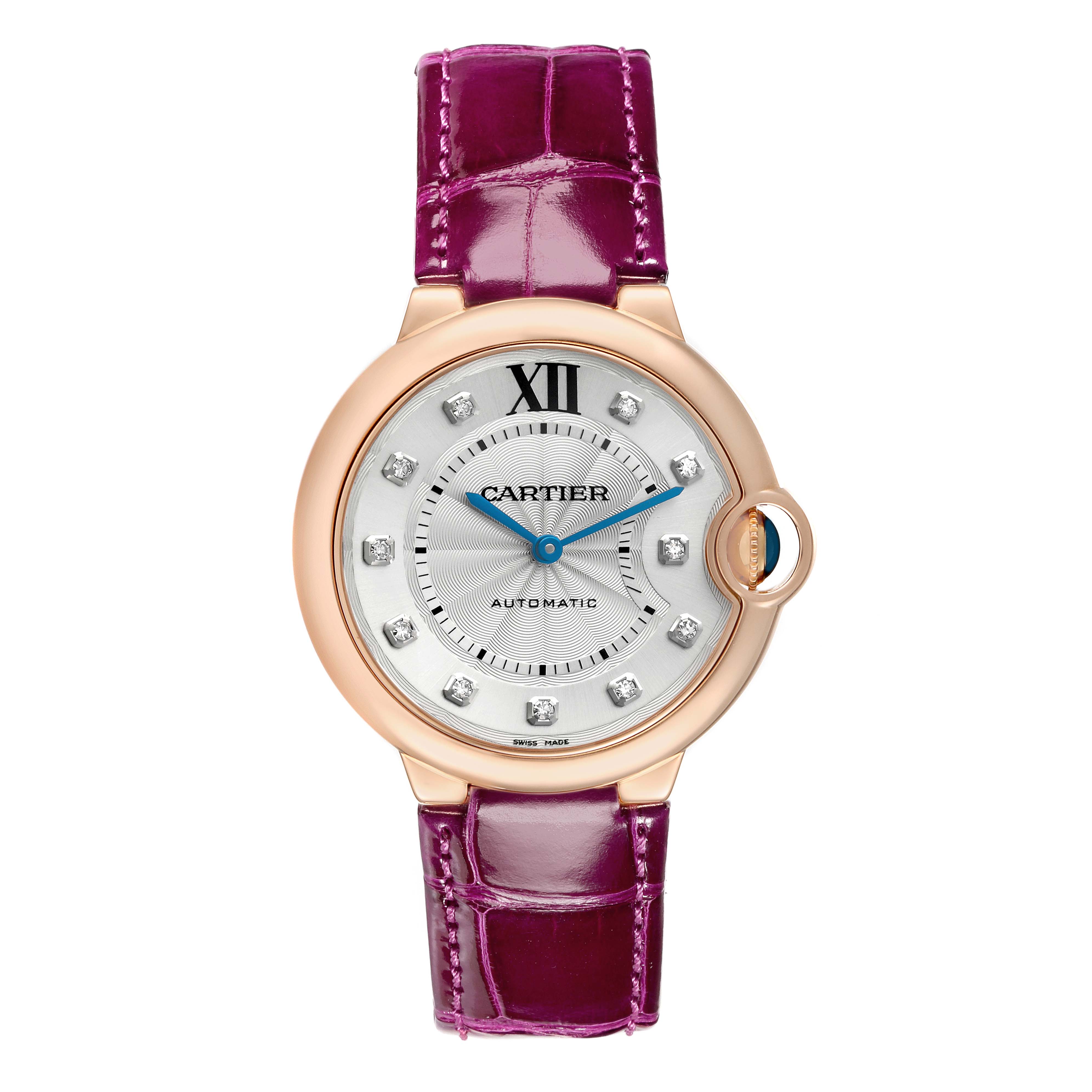 The Cartier Ballon Bleu WE902028 Women's Rose Gold Silver Dial watch is shown from a front angle, displaying the face, case, and strap.