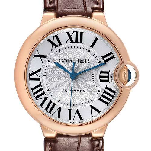 The Cartier Ballon Bleu WGBB0009 Women's Rose Gold Silver Dial watch is shown from the front, highlighting its dial, case, and a portion of the leather strap.