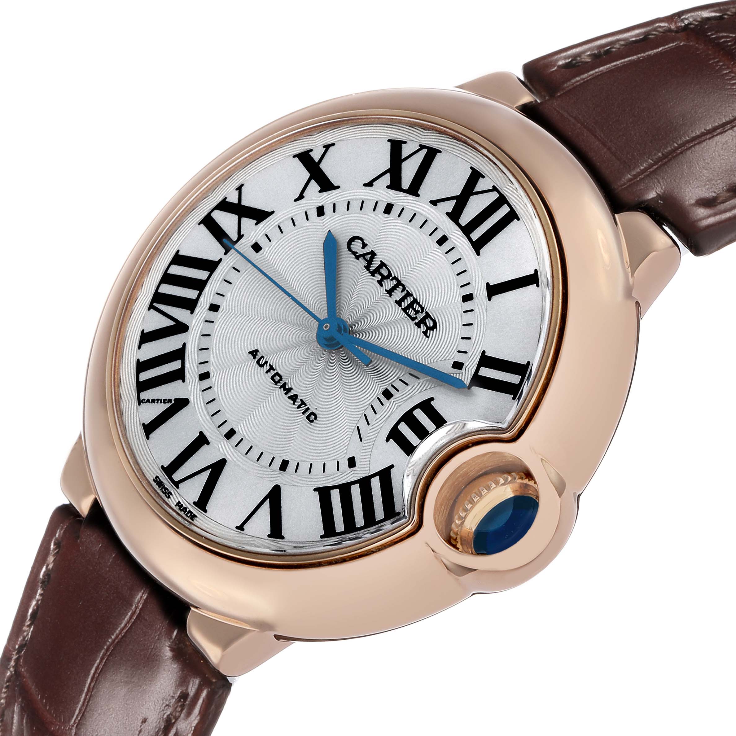 The Cartier Ballon Bleu WGBB0009 Women's Rose Gold Silver Dial watch is shown from a top angle, displaying the face, Roman numerals, and blue hands.