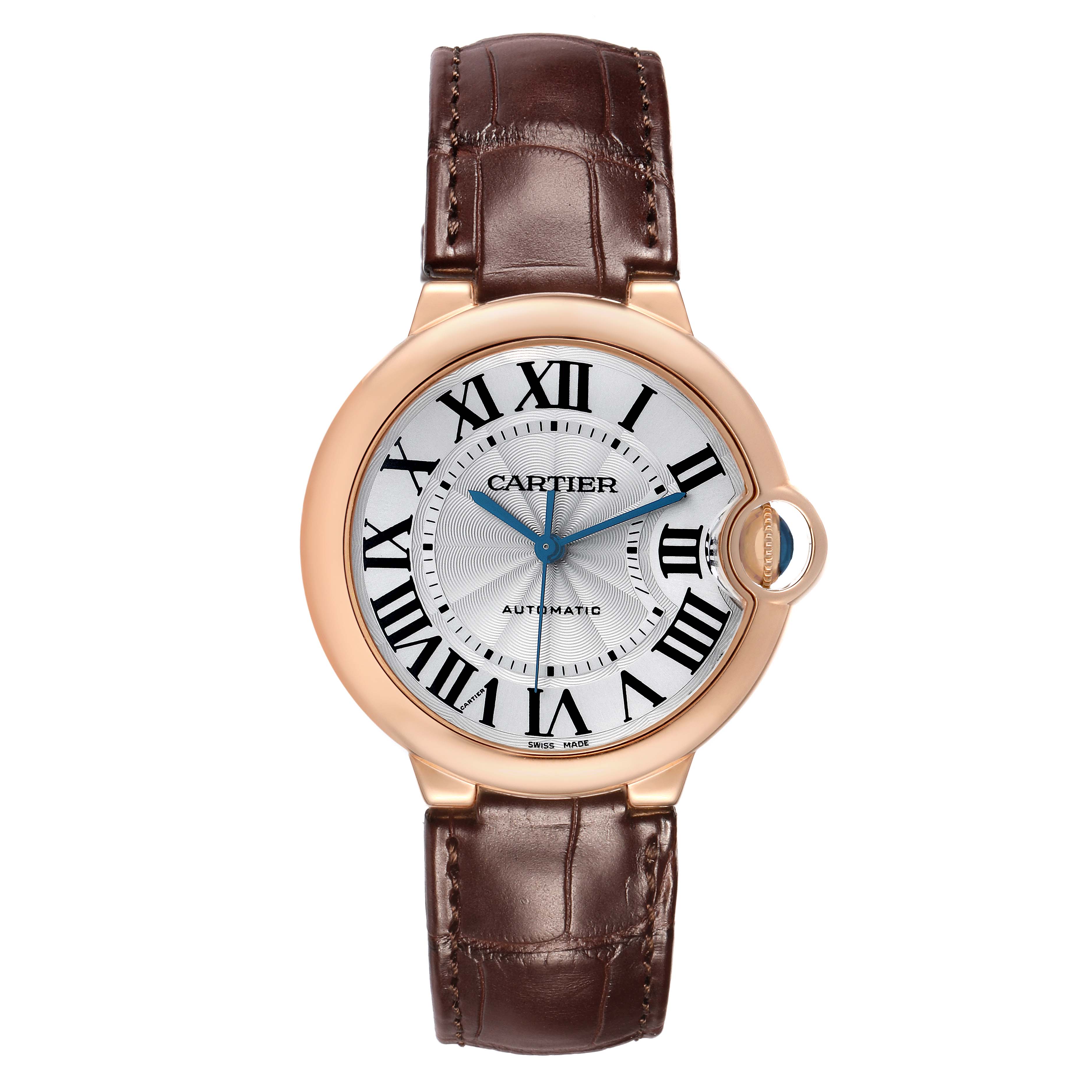 The Cartier Ballon Bleu WGBB0009 Women's Rose Gold Silver Dial watch is shown from the front, displaying the dial, hands, casing, and leather strap.
