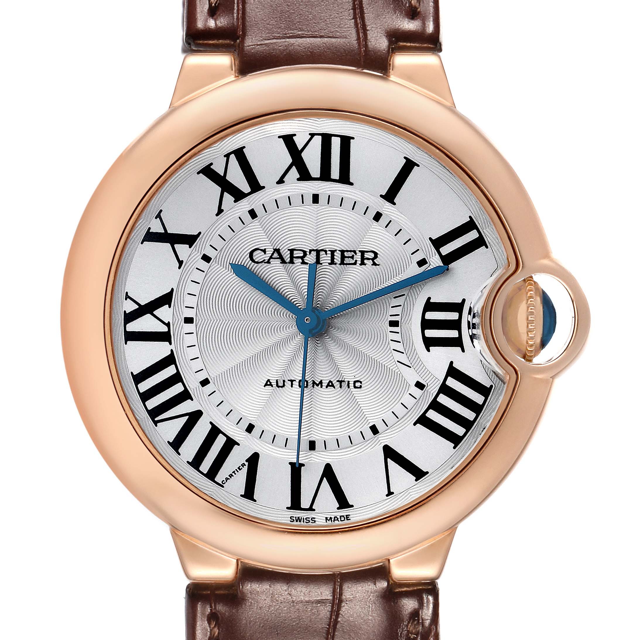 The image shows a frontal view of a Cartier Ballon Bleu WGBB0009 Women's Rose Gold Silver Dial watch, highlighting its round face, Roman numerals, and blue hands.