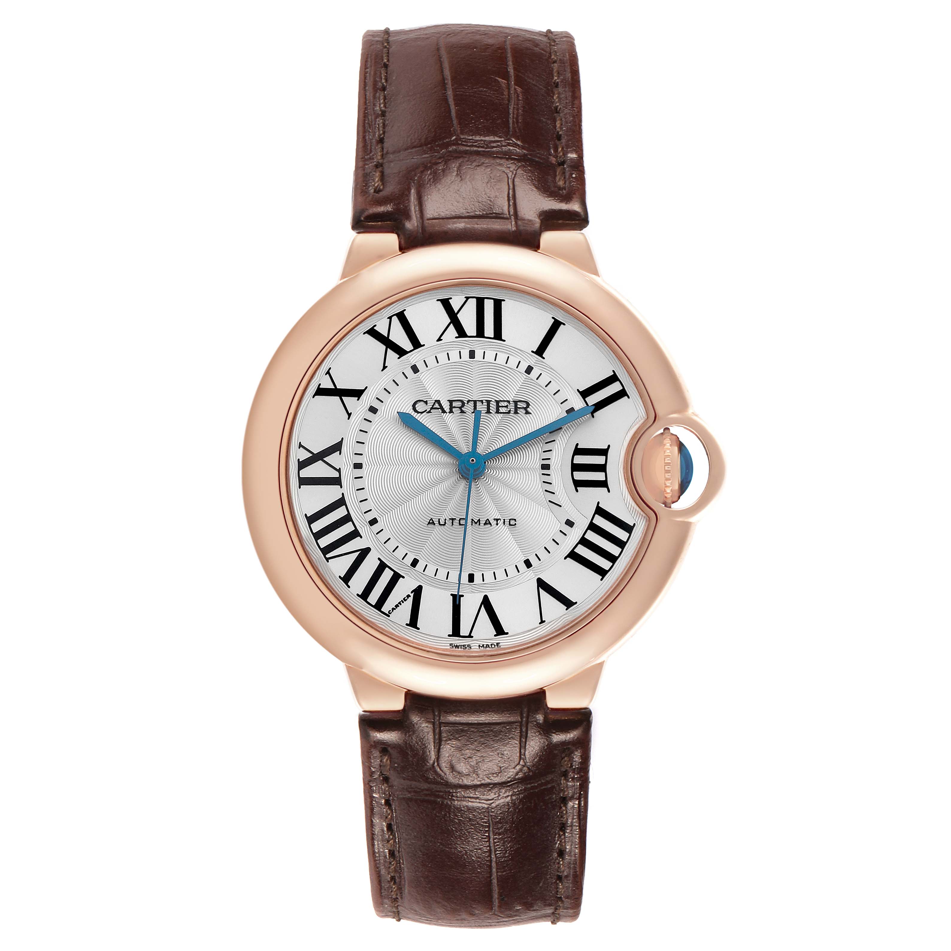 The Cartier Ballon Bleu WGBB0009 Women's Rose Gold Silver Dial watch is shown from a front angle, highlighting its round face, blue hands, Roman numerals, and leather strap.