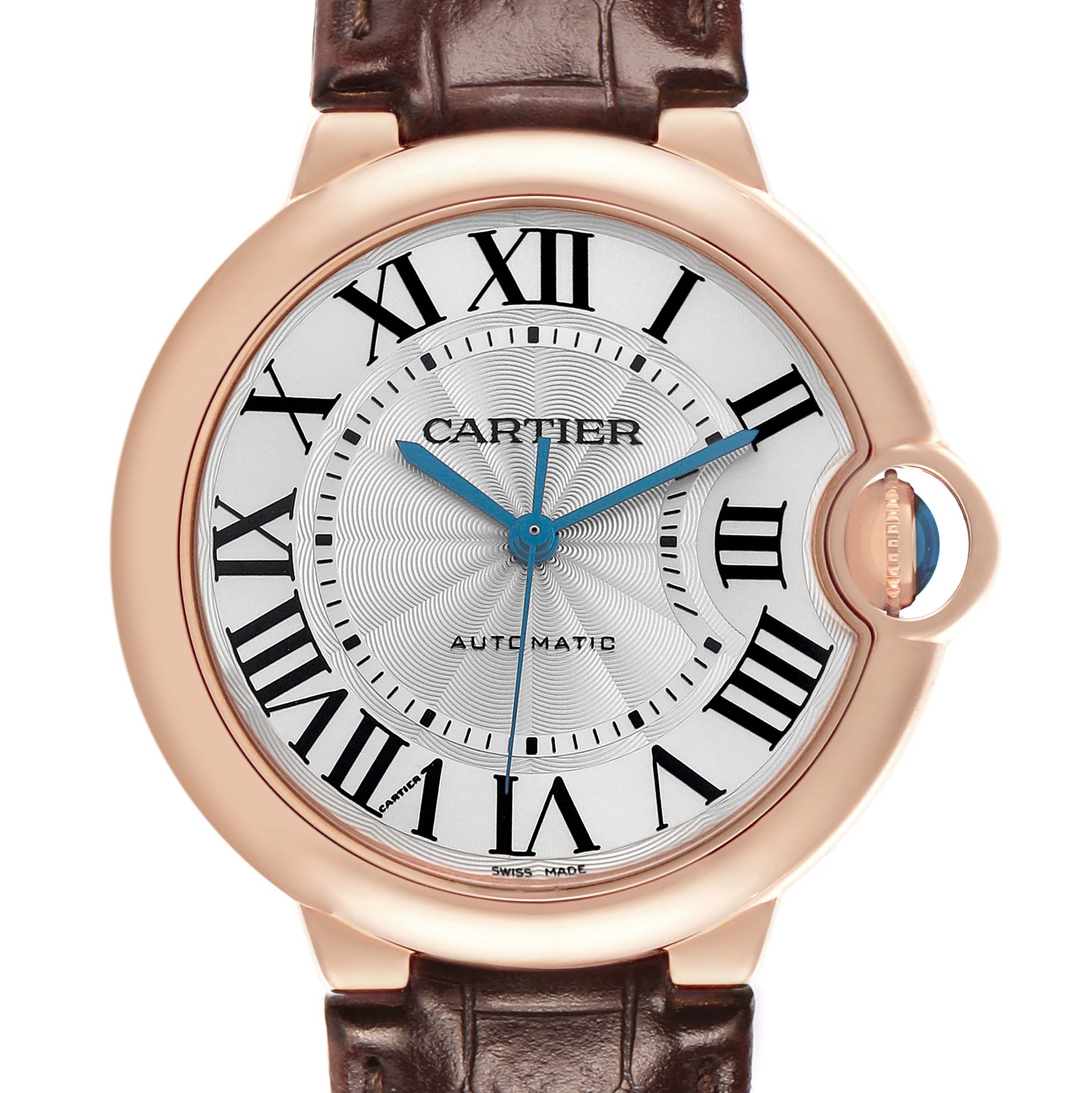 The Cartier Ballon Bleu WGBB0009 Women's Rose Gold Silver Dial watch is shown front-on, featuring a silver dial with Roman numerals, blue hands, and a date window at 3 o'clock.