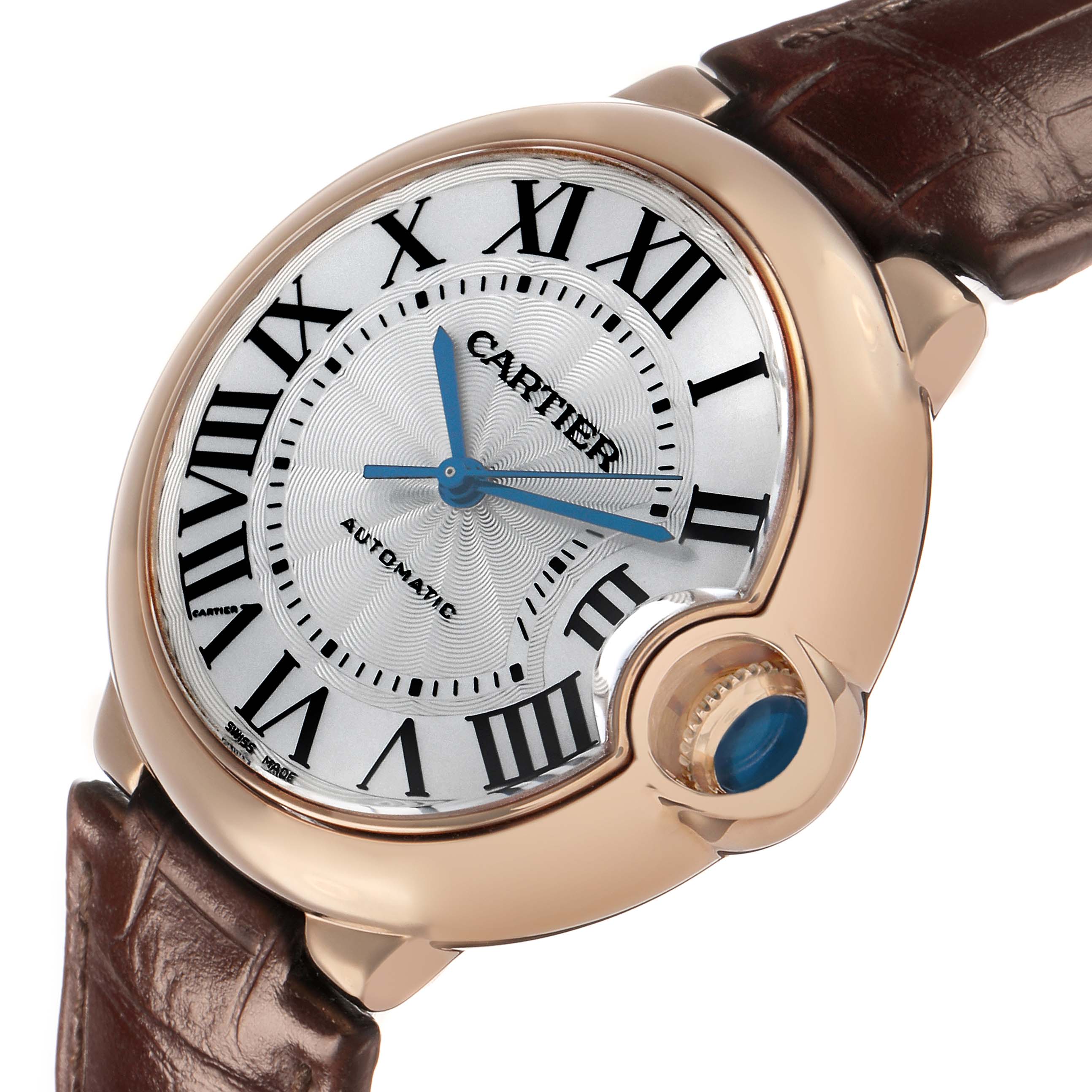The Cartier Ballon Bleu WGBB0009 Women's Rose Gold Silver Dial watch is shown at a slight angle, highlighting the face, crown, and part of the brown leather strap.