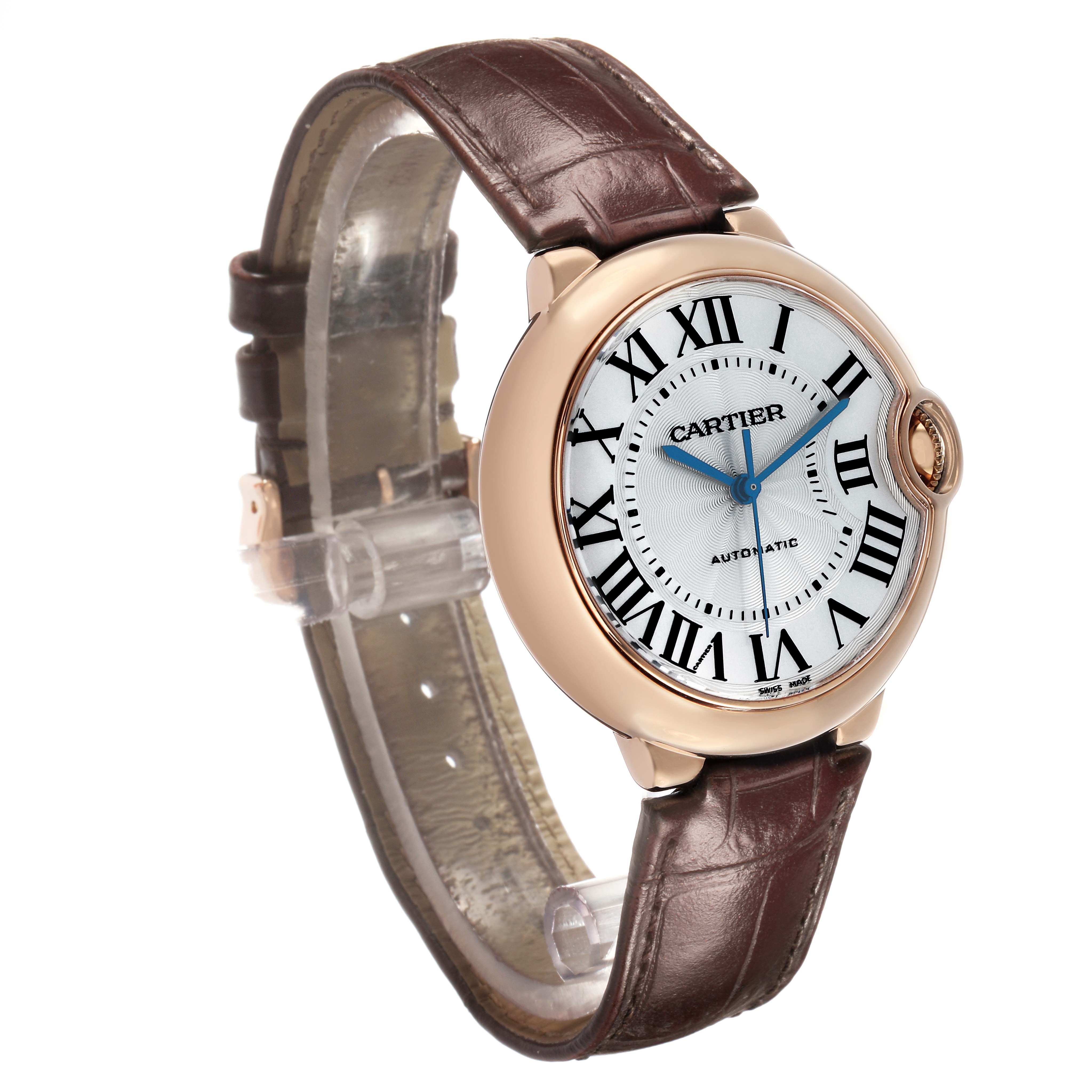 The Cartier Ballon Bleu WGBB0009 Women's Rose Gold Silver Dial watch is shown at a three-quarter angle, highlighting its face, crown, and leather strap.