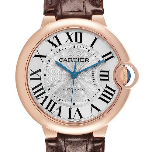 The Cartier Ballon Bleu WGBB0009 Women's Rose Gold Silver Dial watch is shown from the front, featuring its dial, Roman numerals, and crown with a blue cabochon.