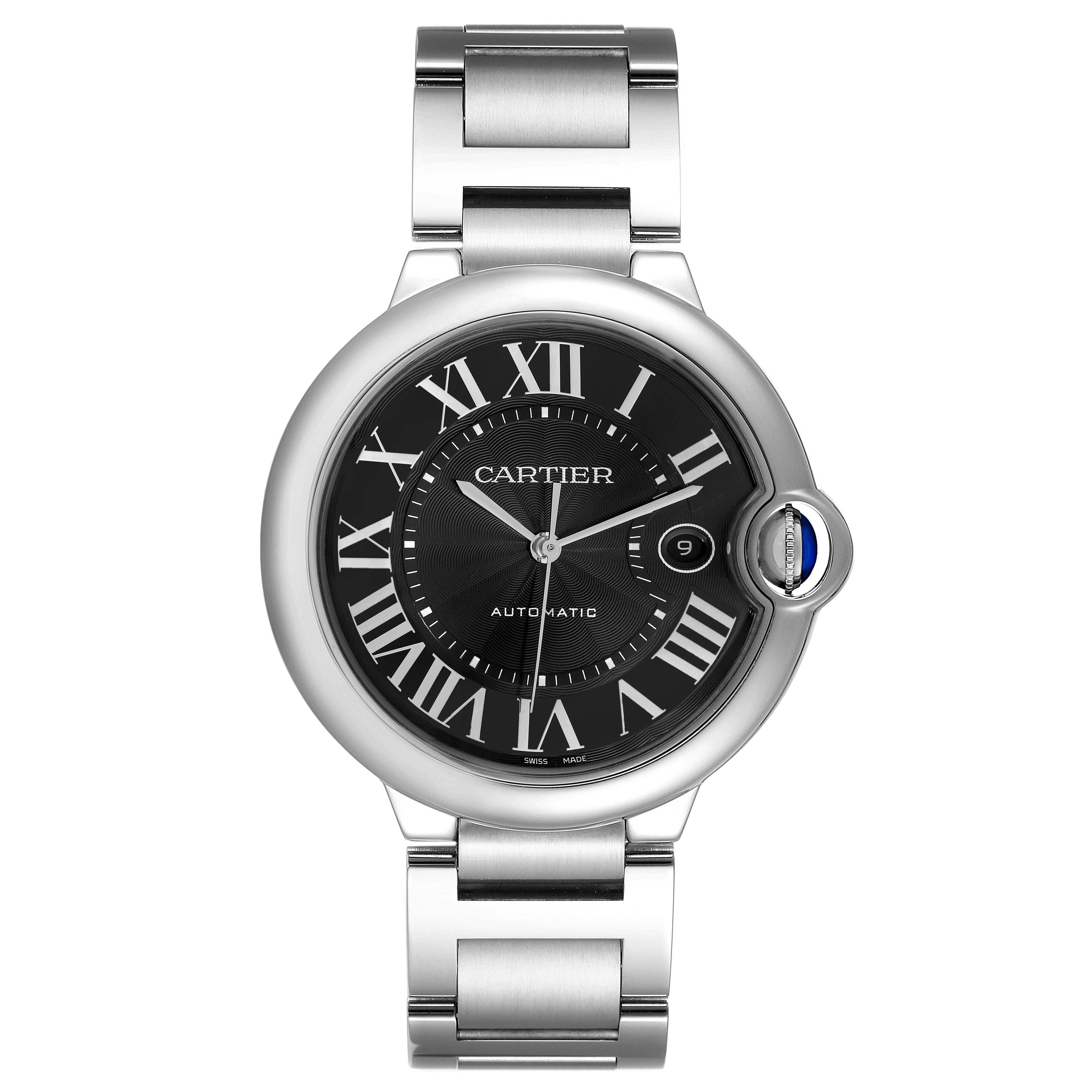 The image shows a front view of the Cartier Ballon Bleu W6920042 Men's Stainless Steel Black Dial watch, displaying its face, Roman numerals, and metal bracelet.