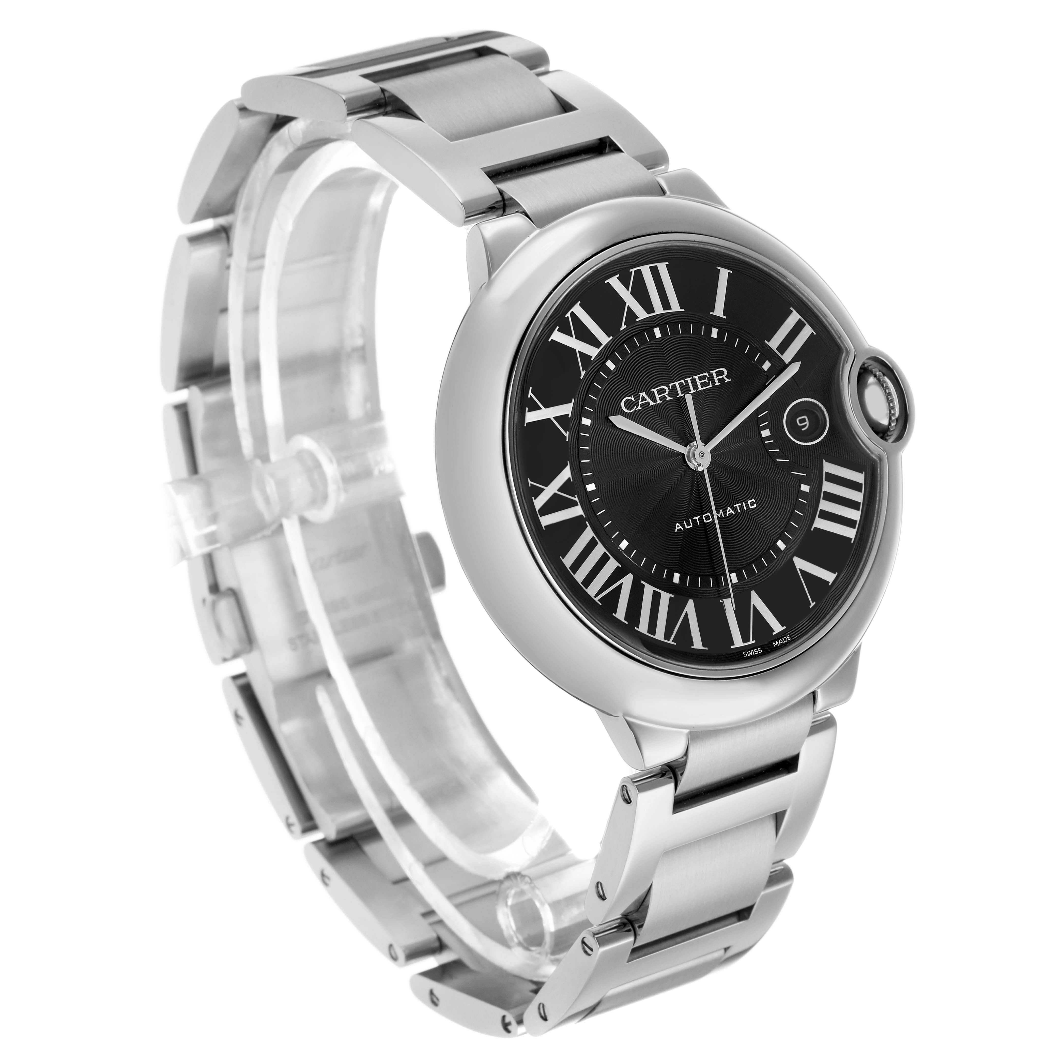 The Cartier Ballon Bleu W6920042 Men's Stainless Steel Black Dial watch is shown at a slight angle, highlighting its face, bezel, and bracelet.