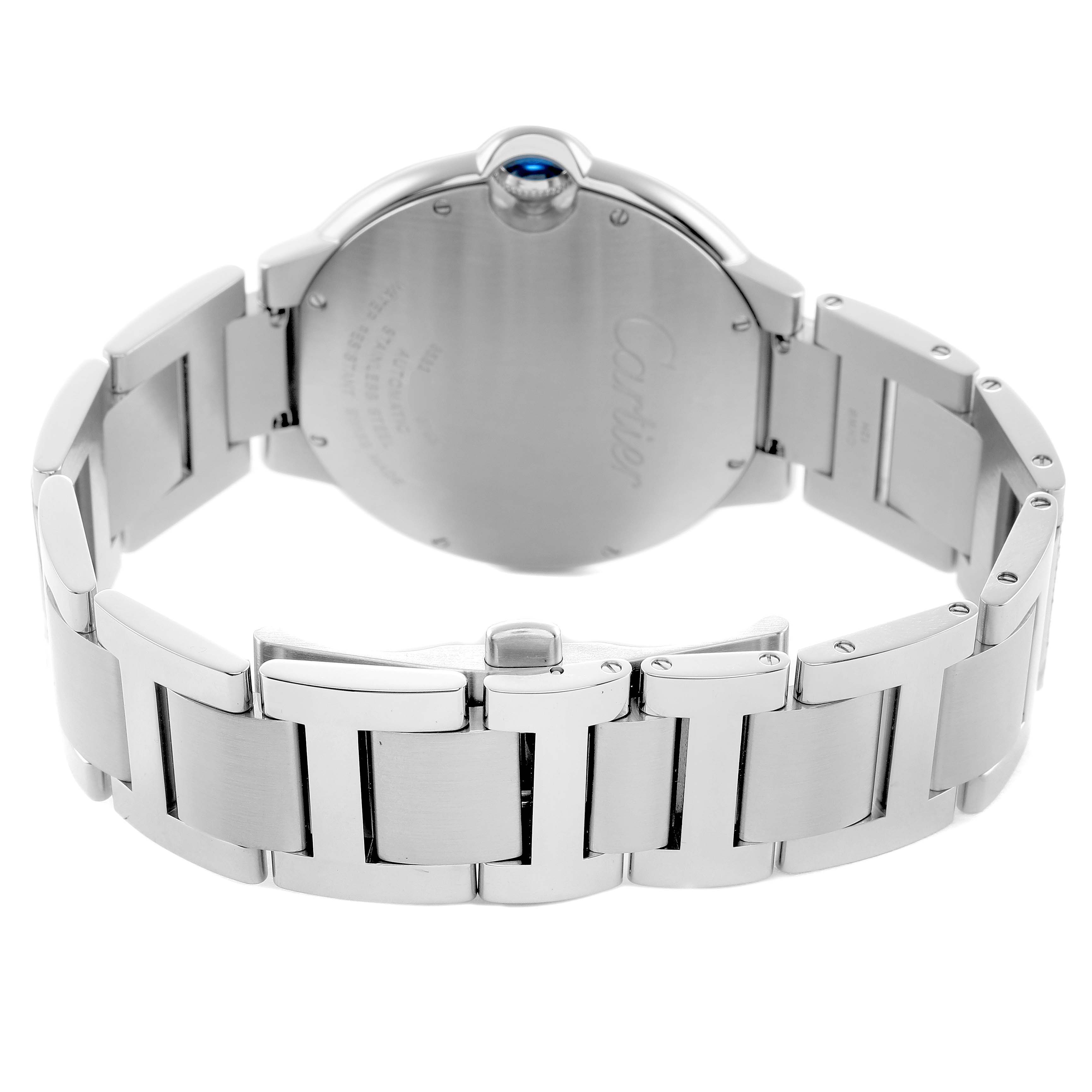 The image shows the back view of a Cartier Ballon Bleu W6920042 Men's Stainless Steel Black Dial watch, highlighting the case back and metal bracelet.