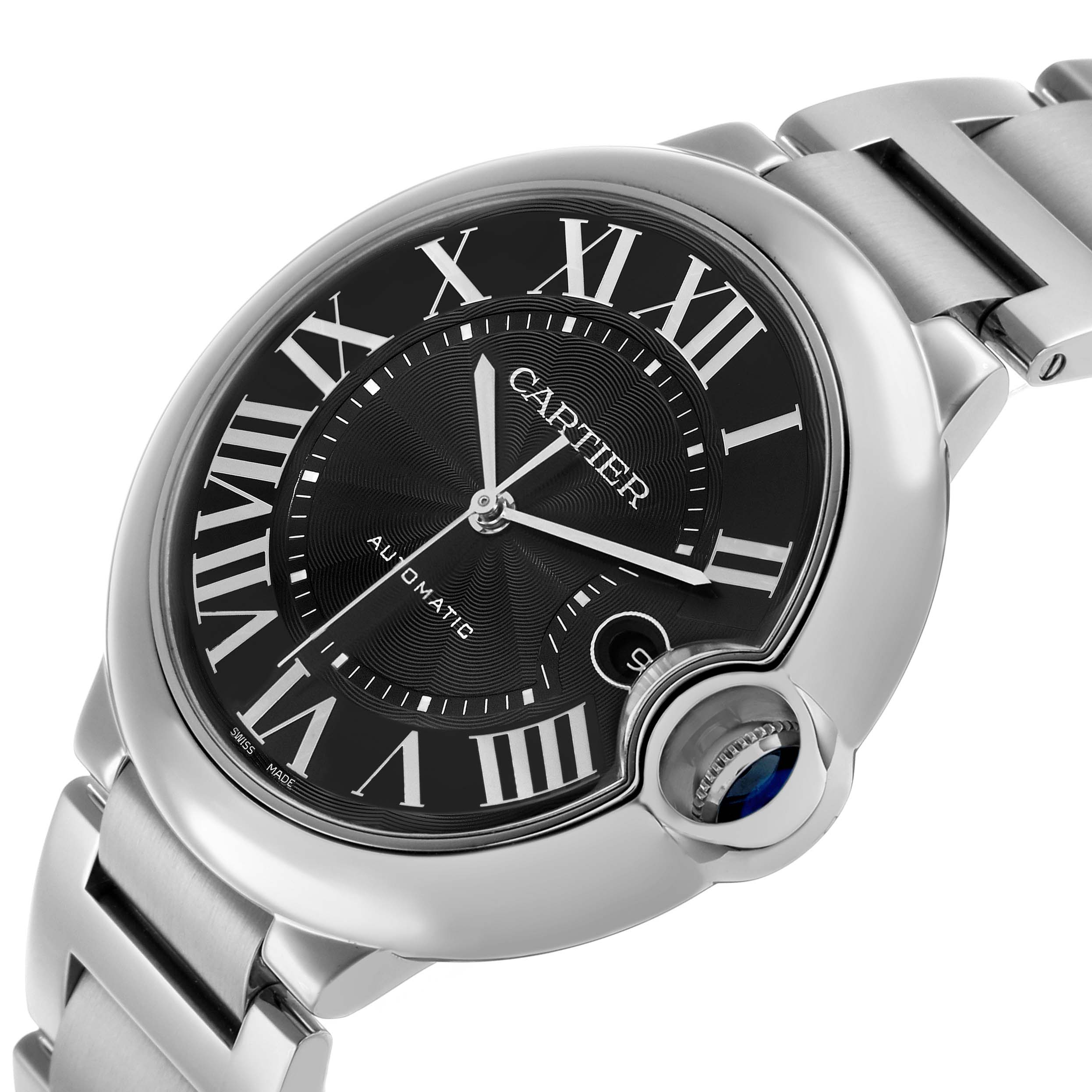 The Cartier Ballon Bleu W6920042 Men's Stainless Steel Black Dial watch is shown at an angle highlighting its black dial, Roman numerals, and blue cabochon crown.