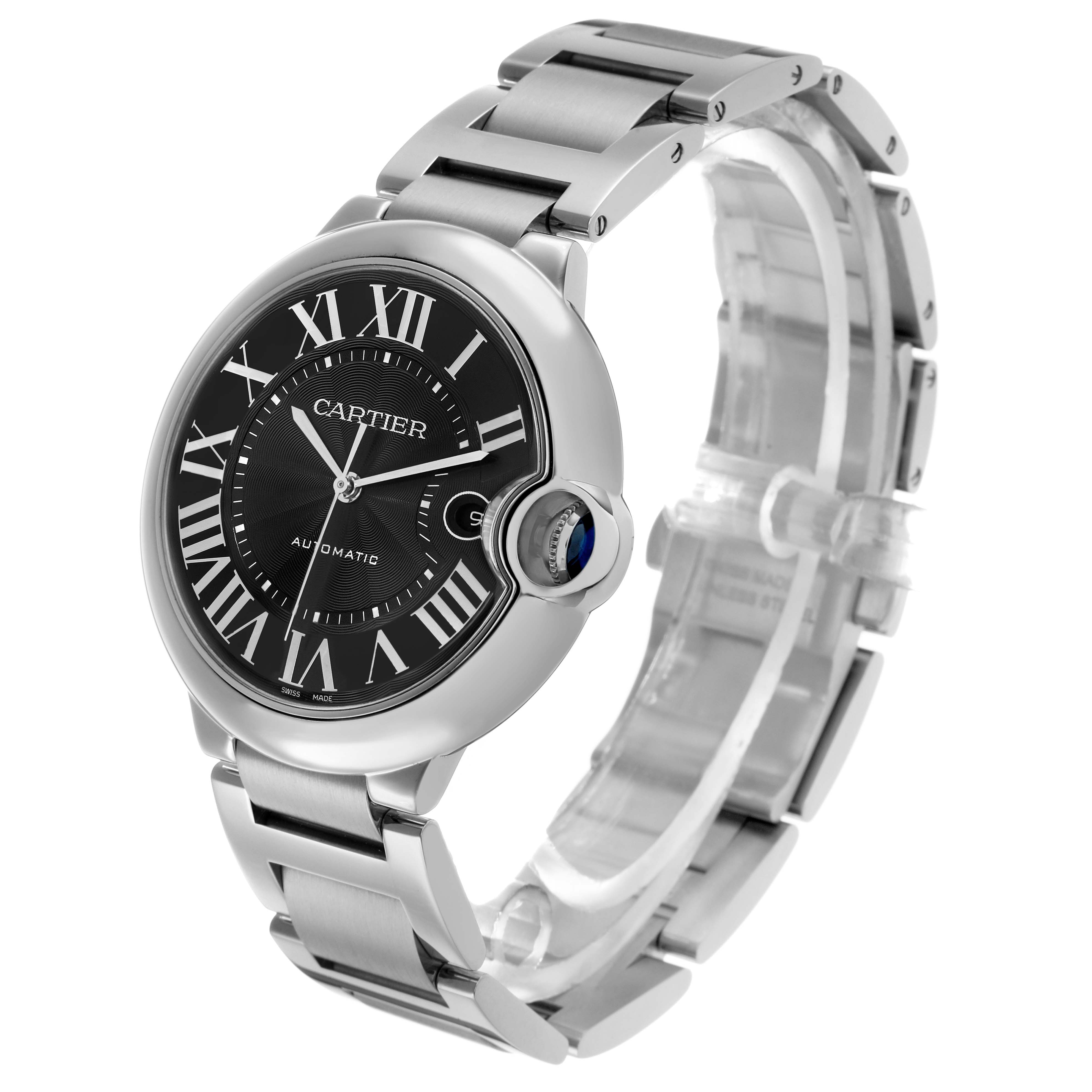The Cartier Ballon Bleu W6920042 Men's Stainless Steel Black Dial watch is shown at a slight angle, highlighting the face, crown, and stainless steel bracelet.