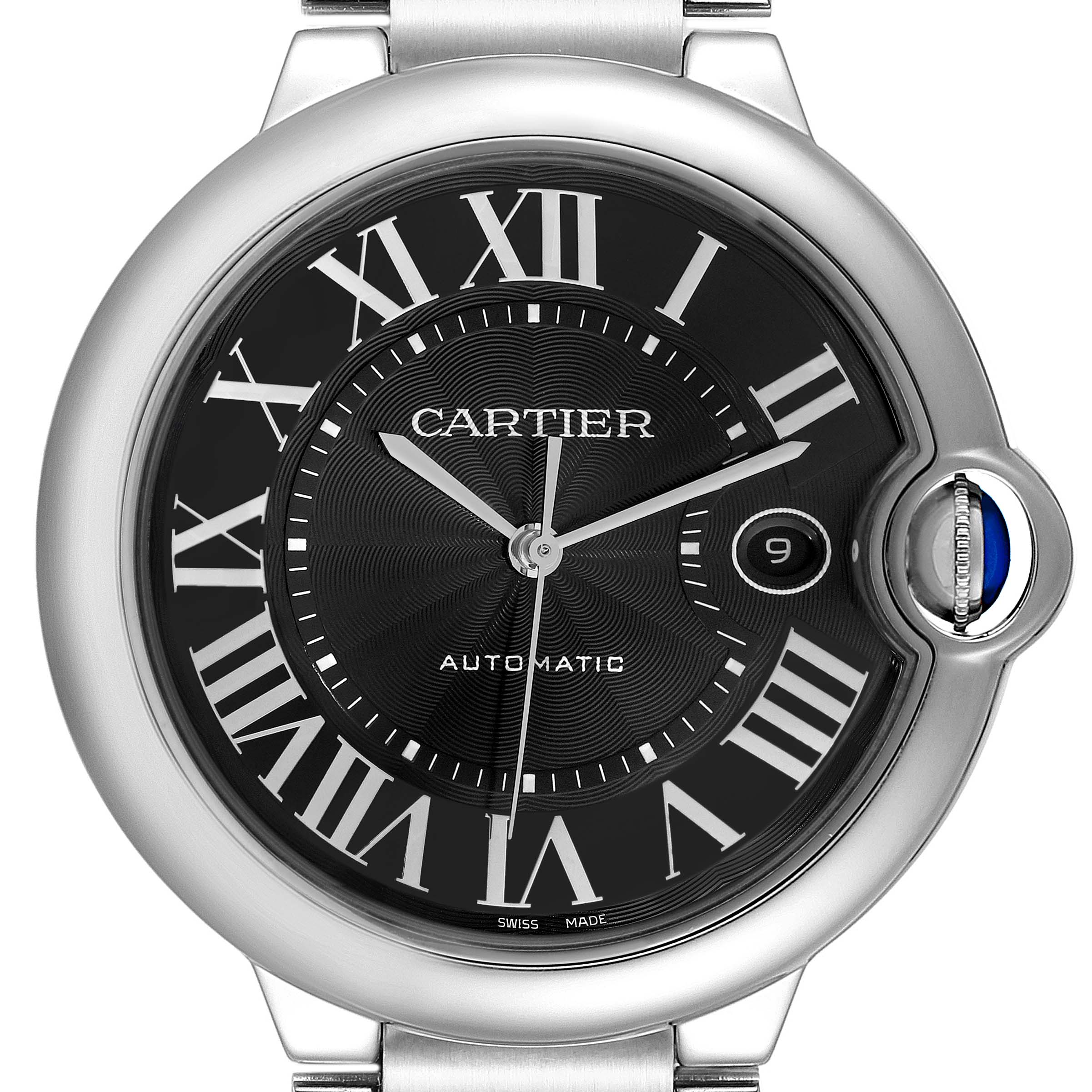 This image shows a front view of a Cartier Ballon Bleu W6920042 Men's Stainless Steel Black Dial watch, highlighting the black dial, Roman numerals, and crown.