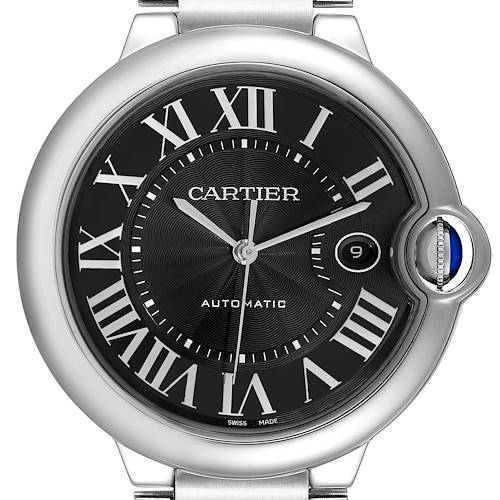 The Cartier Ballon Bleu W6920042 Men's Stainless Steel Black Dial watch is shown from the front, displaying the black dial, Roman numerals, hands, and date window.