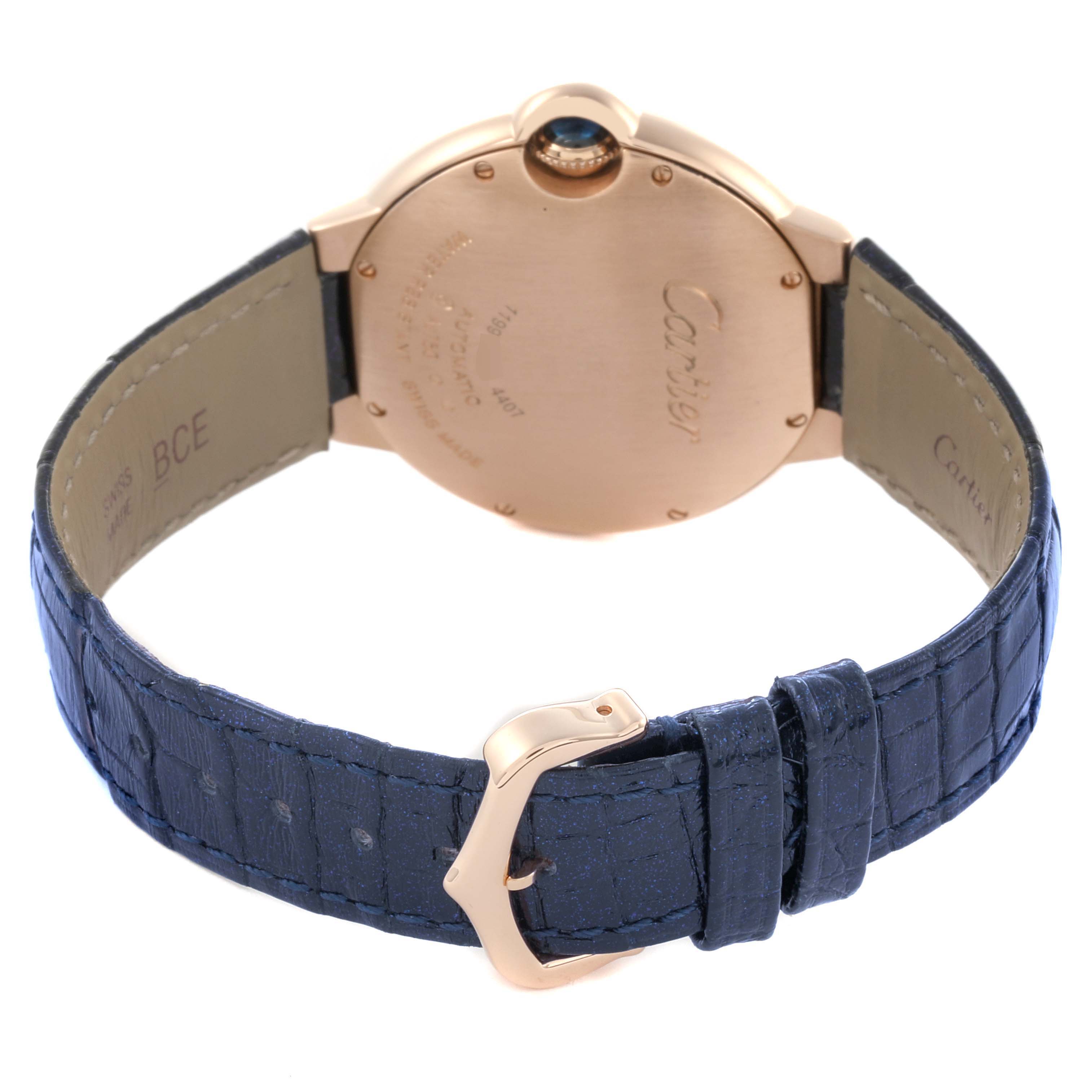 The image shows the back of a Cartier Ballon Bleu WGBB0053 Women's Rose Gold Silver Dial WGBB0053 Women's Rose Gold Silver Dial watch, featuring its caseback, strap, and buckle.