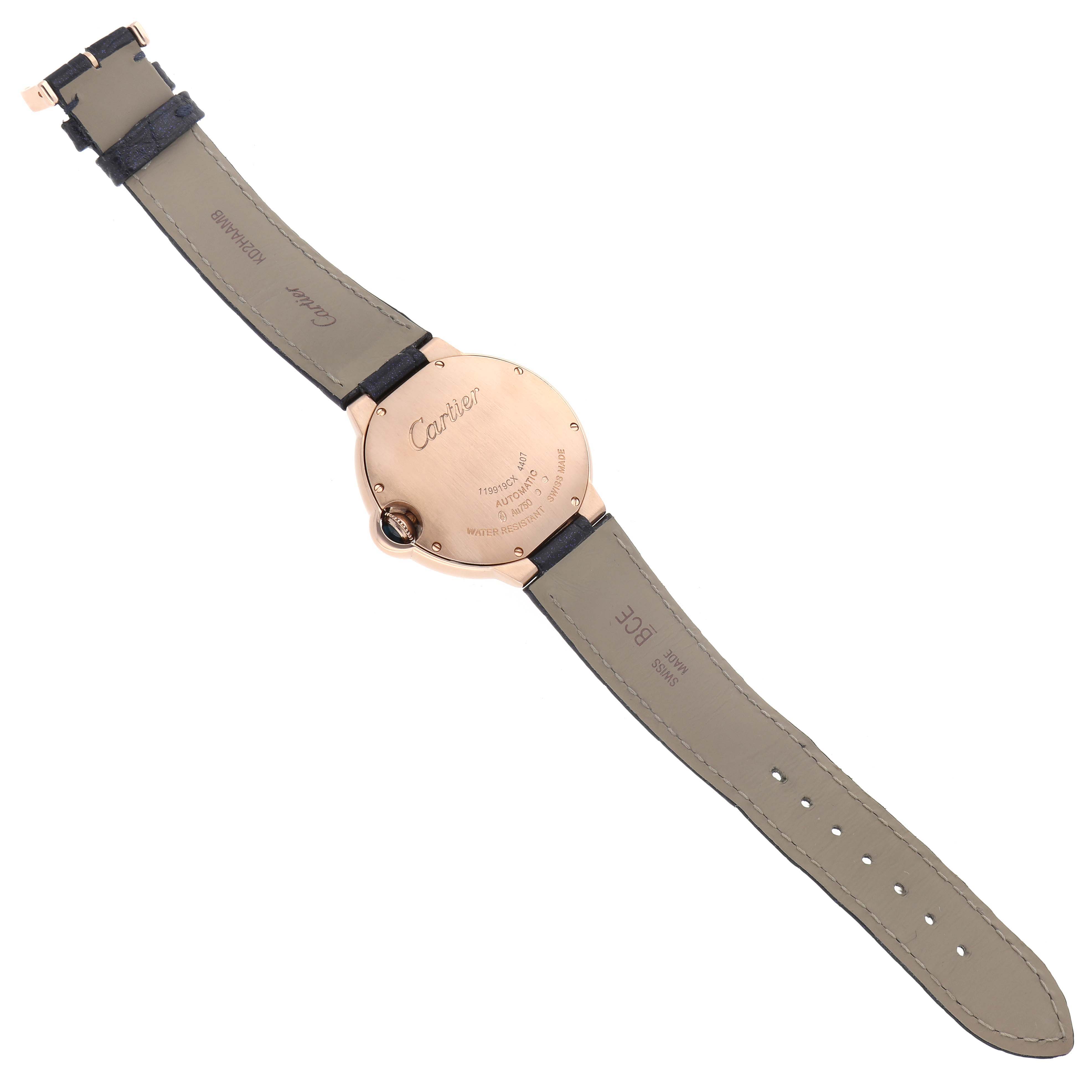 The image shows a Ballon Bleu by Cartier from the back, highlighting the case back and strap.