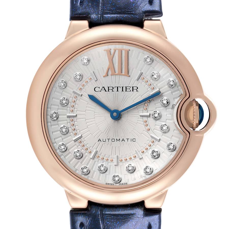 The Cartier Ballon Bleu watch is shown from the front, highlighting its face, bezel, and crown.