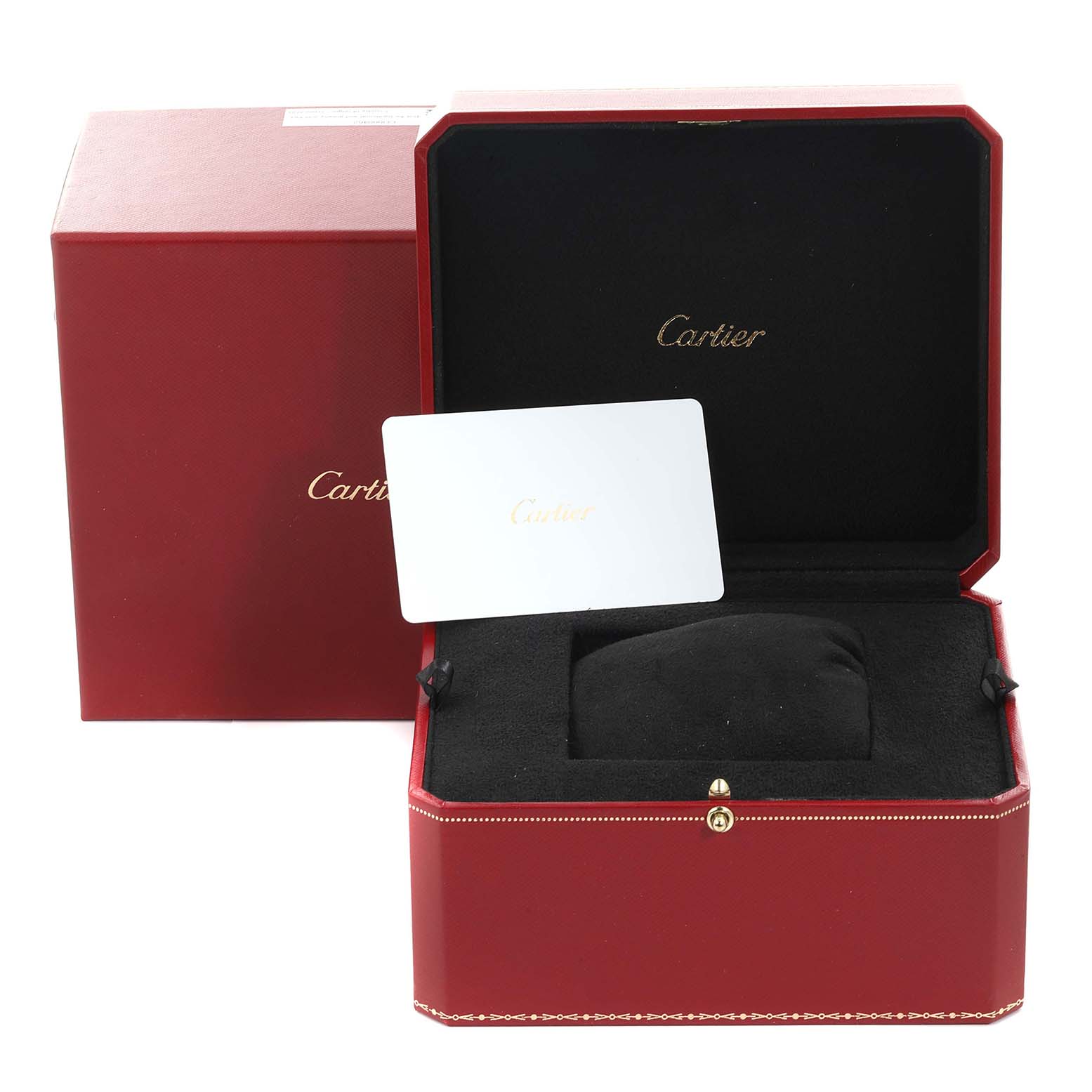 The image shows a Cartier Ballon Bleu WGBB0053 Women's Rose Gold Silver Dial WGBB0053 Women's Rose Gold Silver Dial watch box, an open red case, and a branded card.