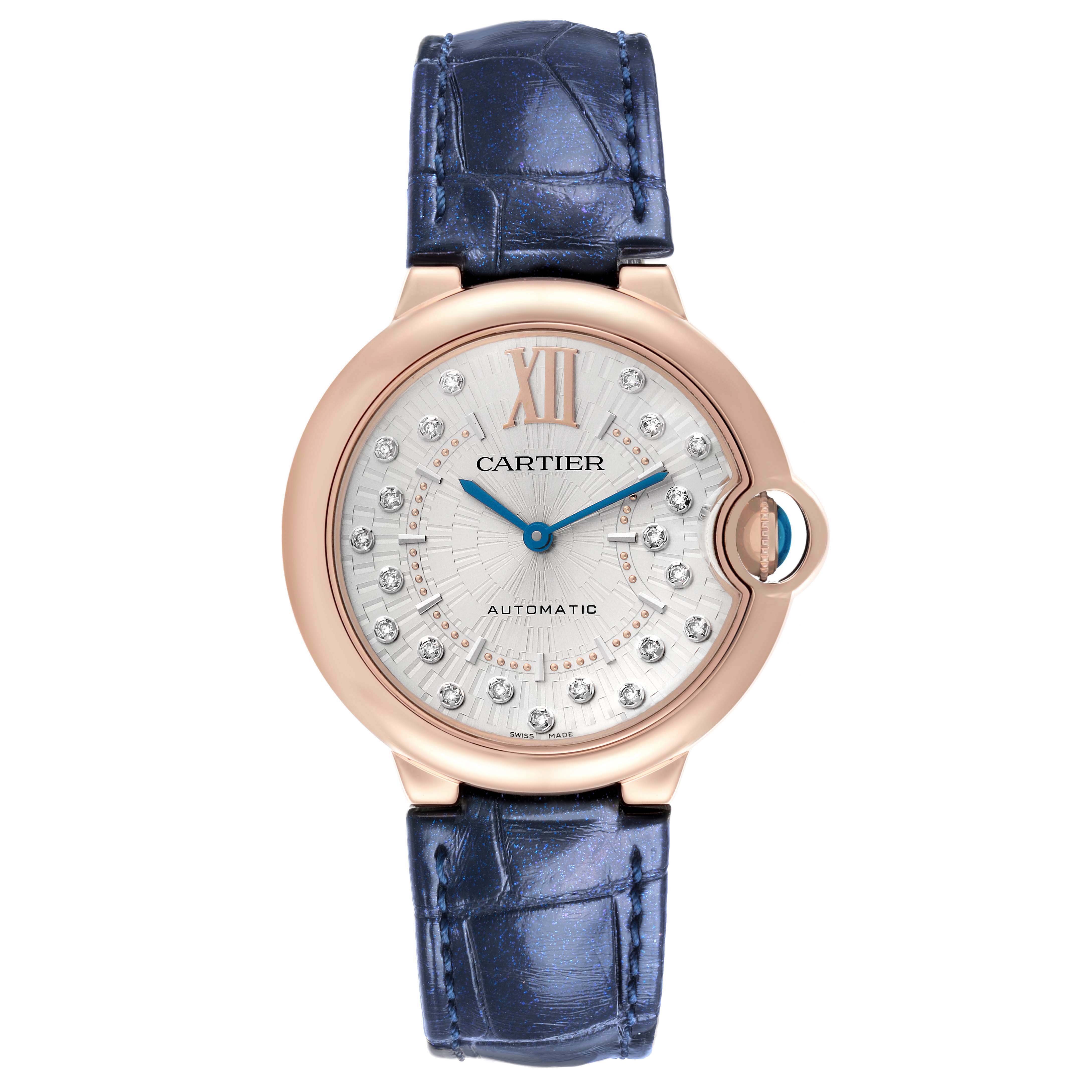 The Cartier Ballon Bleu WGBB0053 Women's Rose Gold Silver Dial WGBB0053 Women's Rose Gold Silver Dial watch is shown from a top-down angle, displaying its face, rose gold case, and blue leather strap.