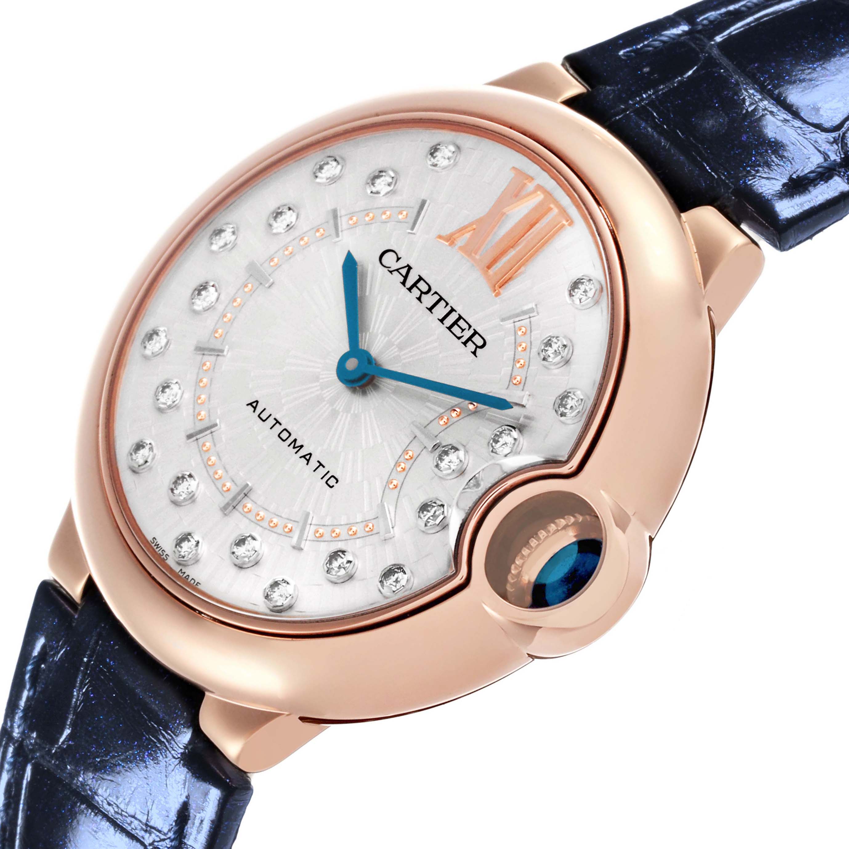 The Cartier Ballon Bleu WGBB0053 Women's Rose Gold Silver Dial WGBB0053 Women's Rose Gold Silver Dial watch is shown from a top angle, highlighting its face, crown, and strap.