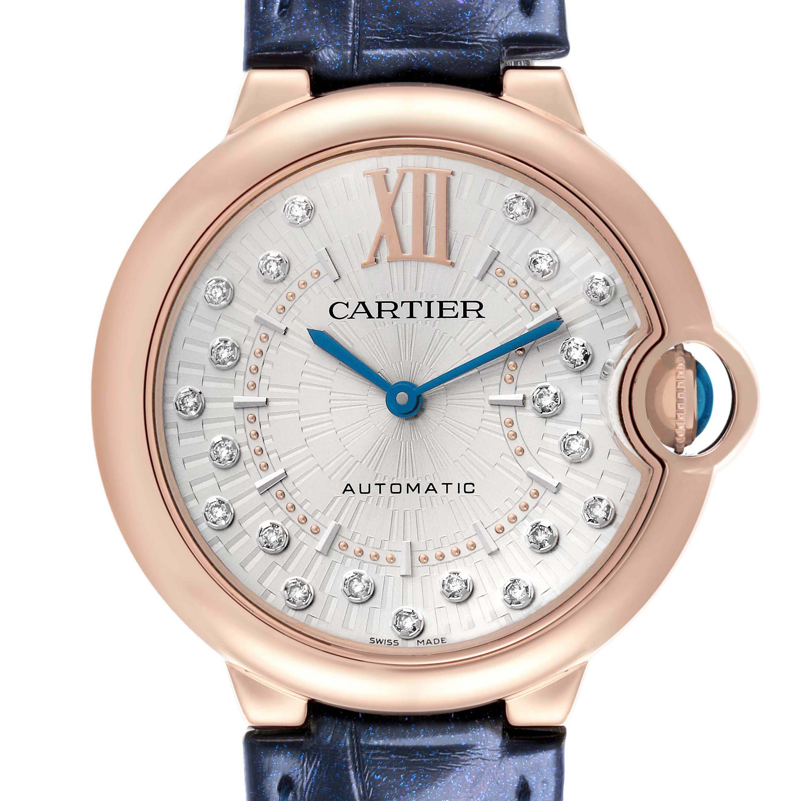 The image shows a frontal view of the Cartier Ballon Bleu WGBB0053 Women's Rose Gold Silver Dial WGBB0053 Women's Rose Gold Silver Dial watch, highlighting its dial, Roman numeral hour markers, and crown.