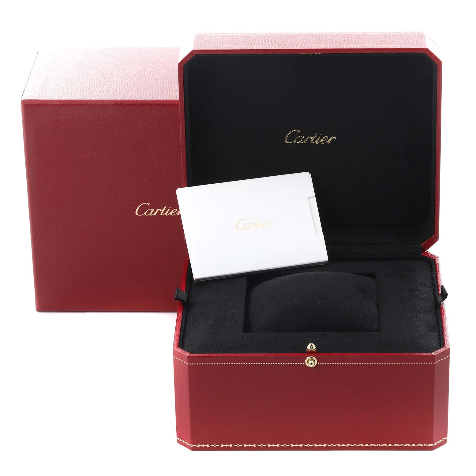 The image shows a Cartier Calibre de Cartier WF100013 Men's Rose Gold Silver Dial WF100013 Men's Rose Gold Silver Dial watch box, opened, with its cushioned interior and branded booklet visible.