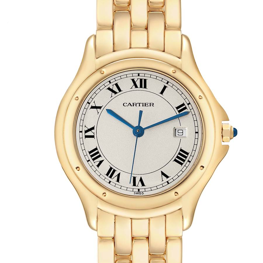 The Cartier Panthere watch is shown from the front, displaying its dial, case, crown, and part of the bracelet.