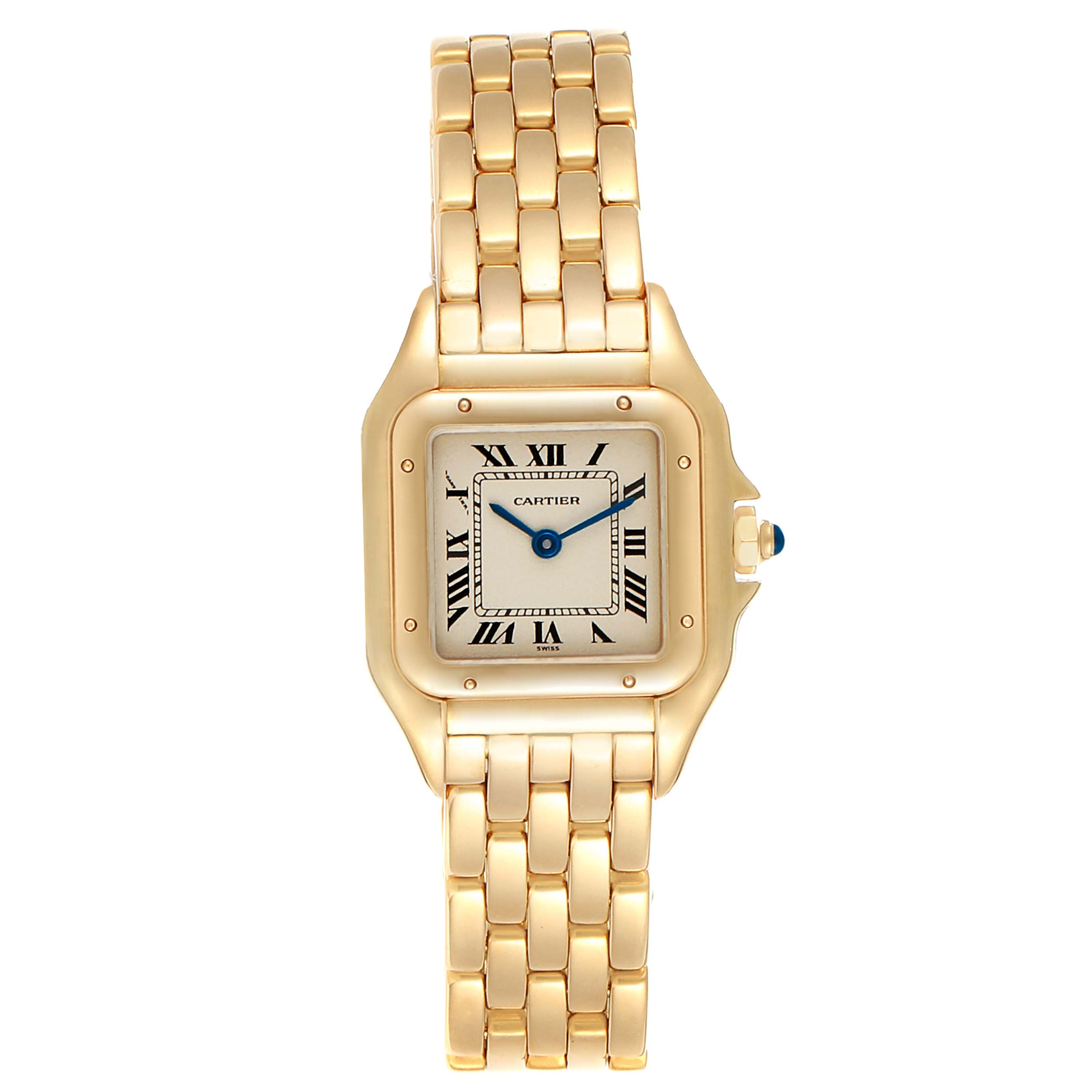 This image shows a front view of the Cartier Panthere W25022B9 Women's Yellow Gold Silver Dial W25022B9 Women's Yellow Gold Silver Dial model watch, highlighting its gold bracelet, square face, and Roman numeral dial.