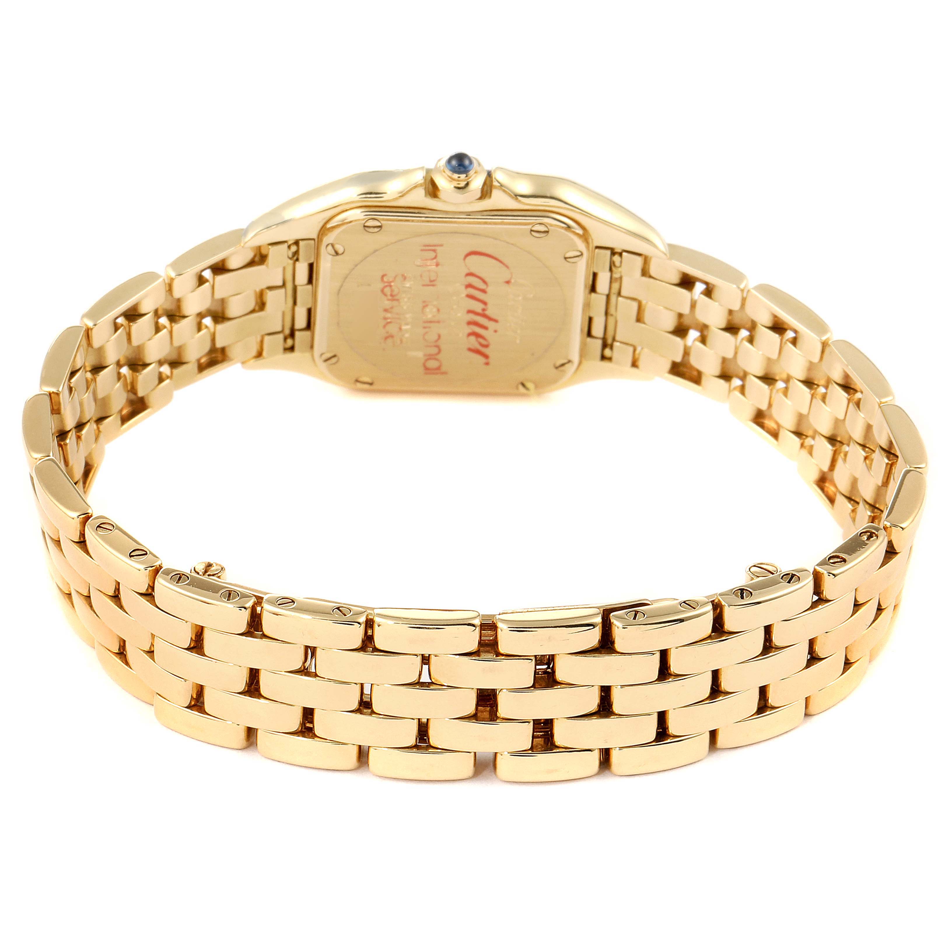 The image shows the Panthere de Cartier watch from the rear angle, highlighting its gold bracelet and case back.