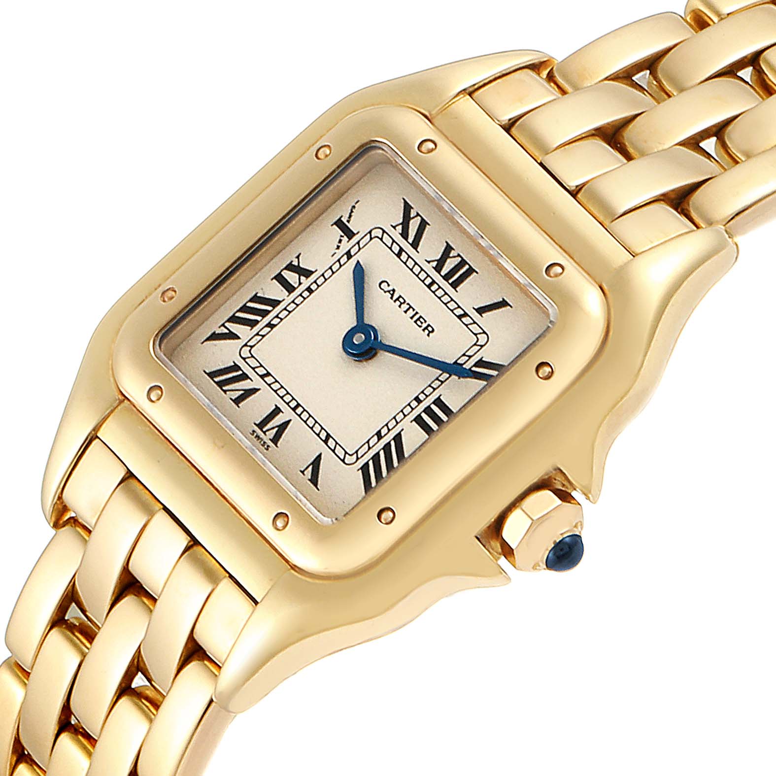 The image shows a close-up view of the dial and part of the bracelet of a Cartier Panthère watch.