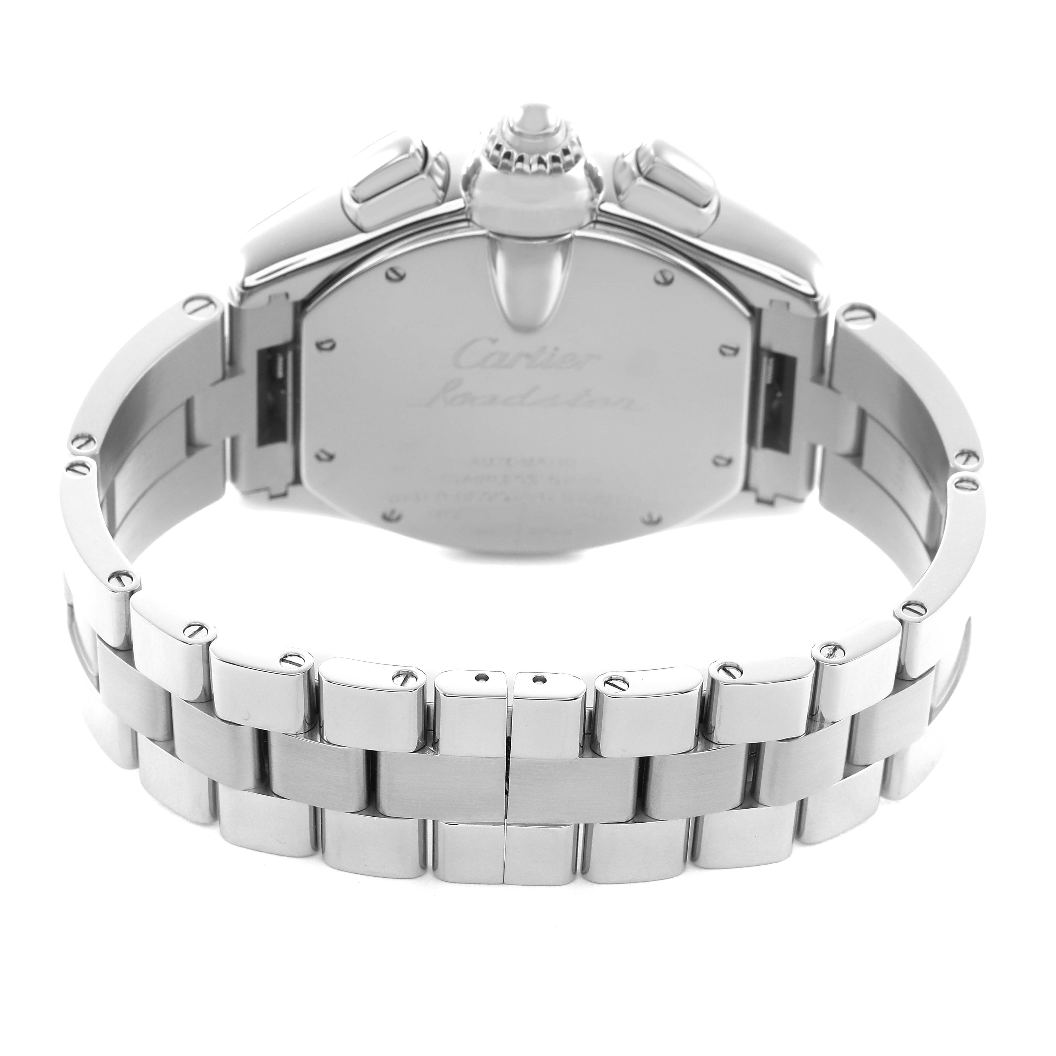 The image shows the back case and bracelet of the Cartier Roadster W62019X6 Men's Stainless Steel Silver Dial watch from a rear angle.