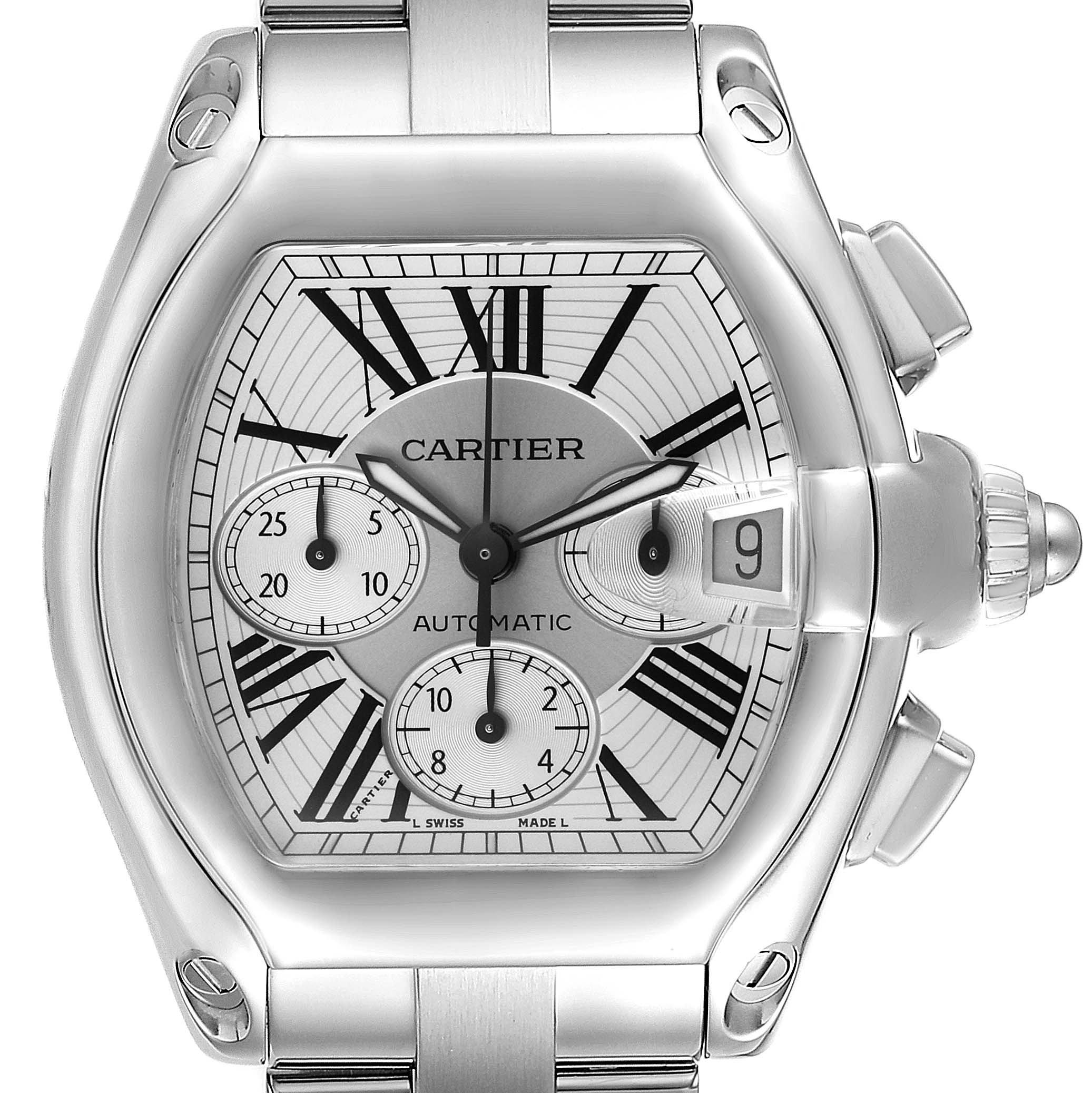 The Cartier Roadster W62019X6 Men's Stainless Steel Silver Dial watch is shown from a front angle, highlighting the dial, bezel, and part of the bracelet.