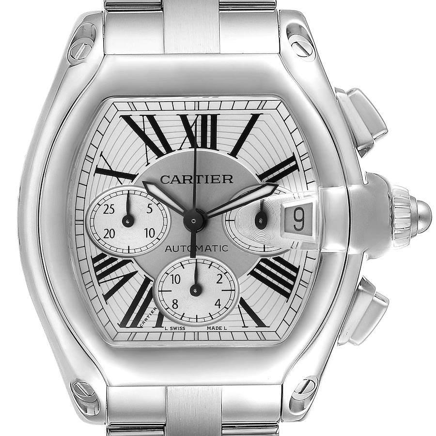 The Cartier Roadster W62019X6 Men's Stainless Steel Silver Dial watch is shown from a front angle, highlighting the dial, bezel, and part of the bracelet.