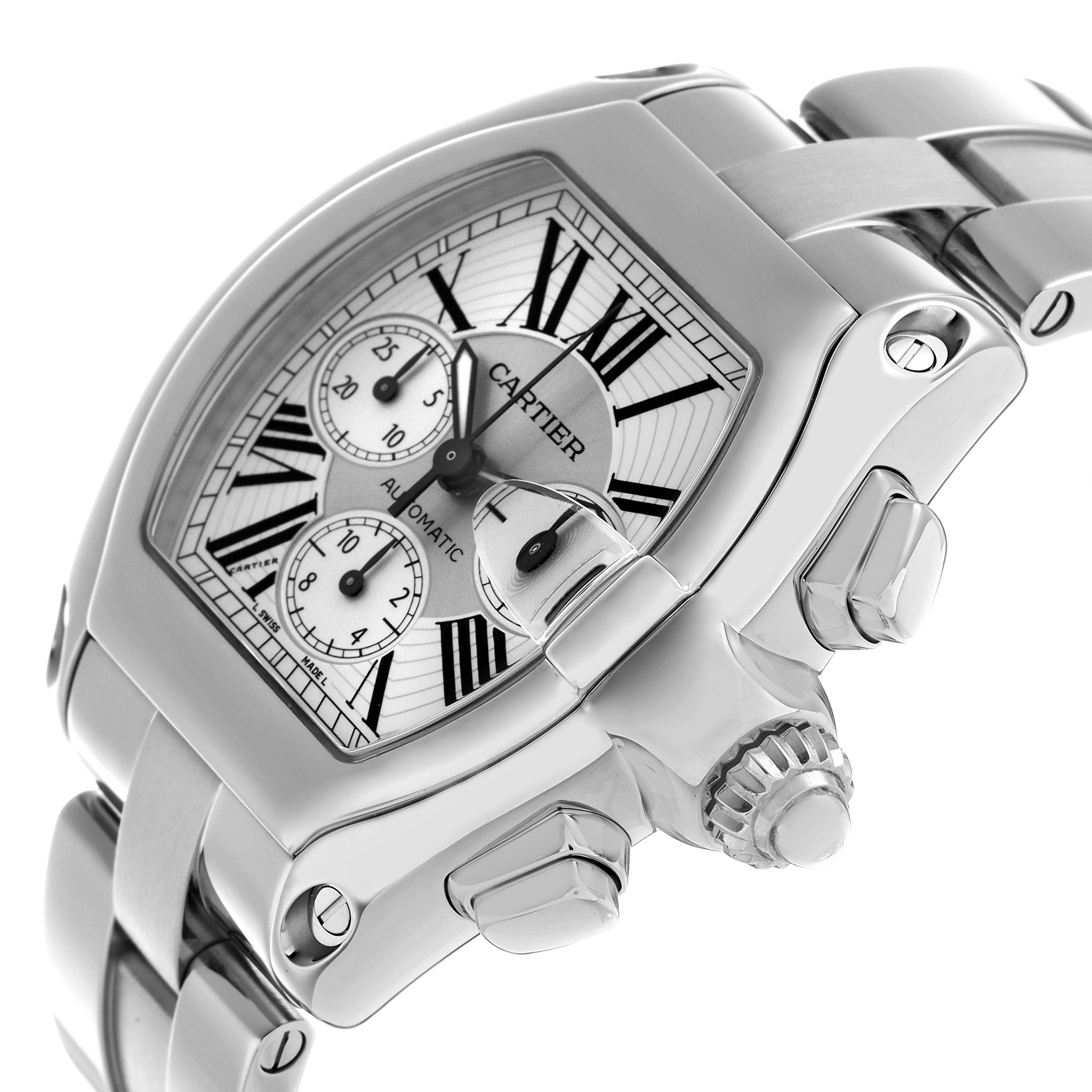 The Cartier Roadster W62019X6 Men's Stainless Steel Silver Dial watch is shown at an angled view highlighting the crown, lugs, and part of the bracelet.