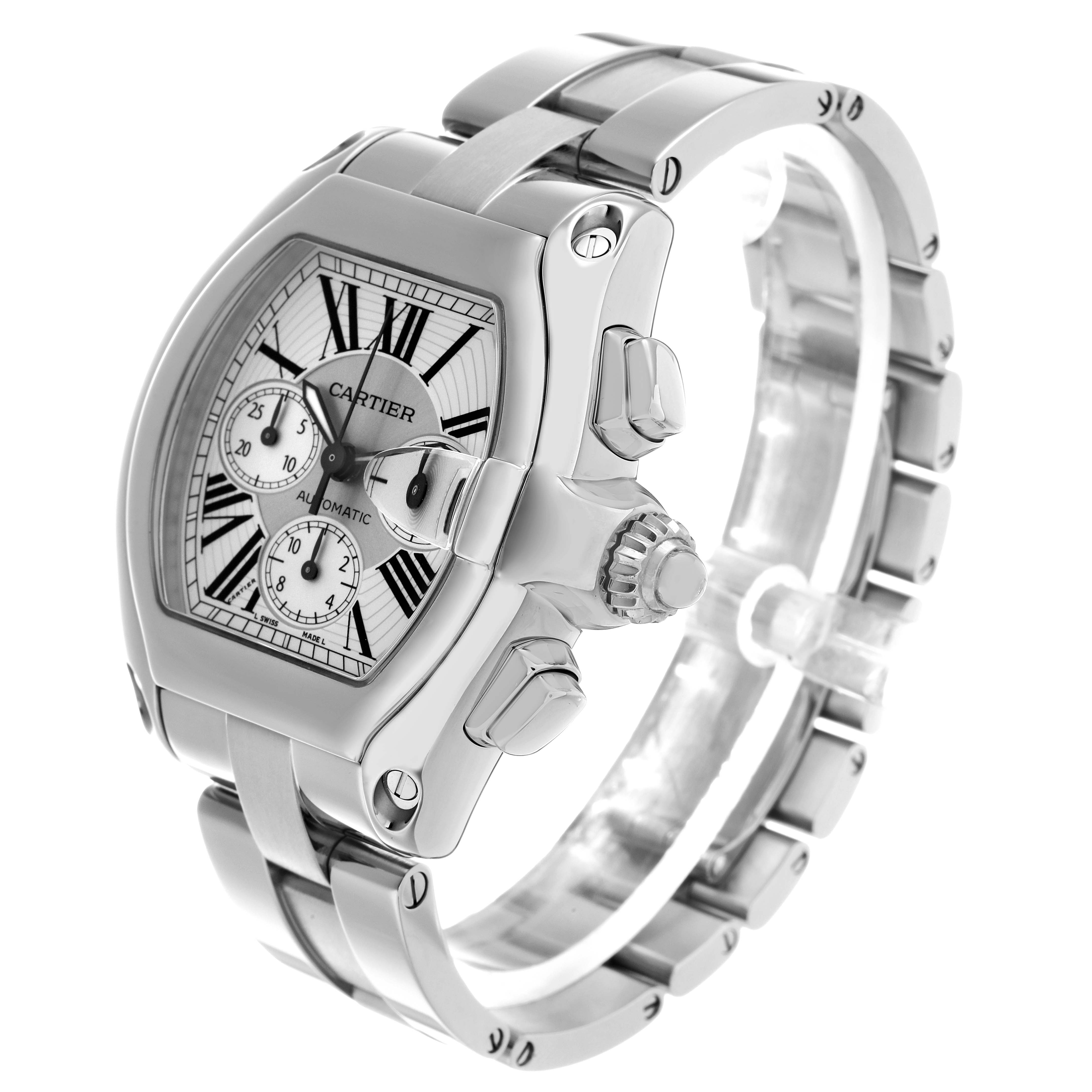 The Cartier Roadster W62019X6 Men's Stainless Steel Silver Dial watch is shown at a three-quarter angle, highlighting the face, crown, and stainless steel bracelet.