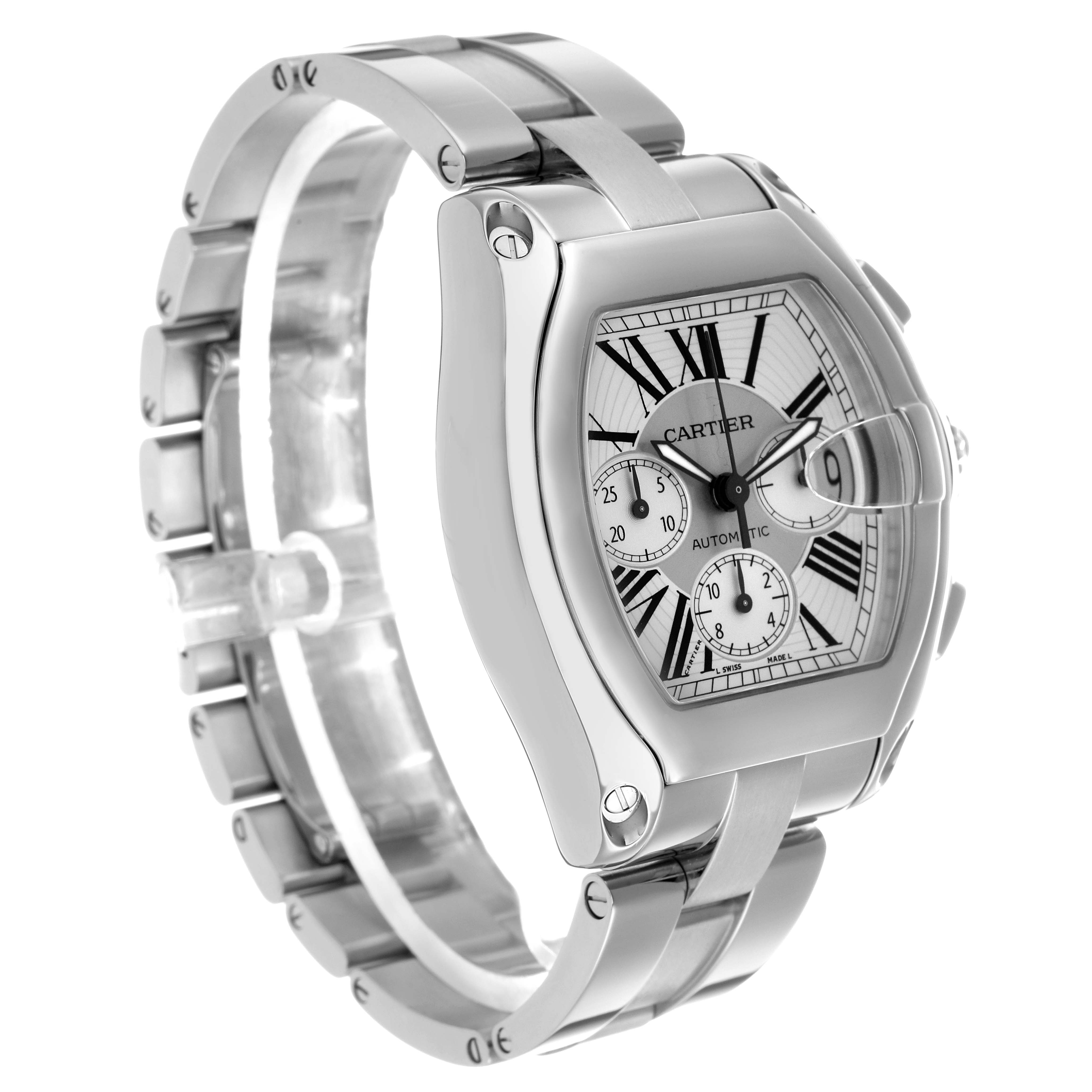 The Cartier Roadster W62019X6 Men's Stainless Steel Silver Dial watch is shown at a slight angle, highlighting the face, bezel, crown, and bracelet links.