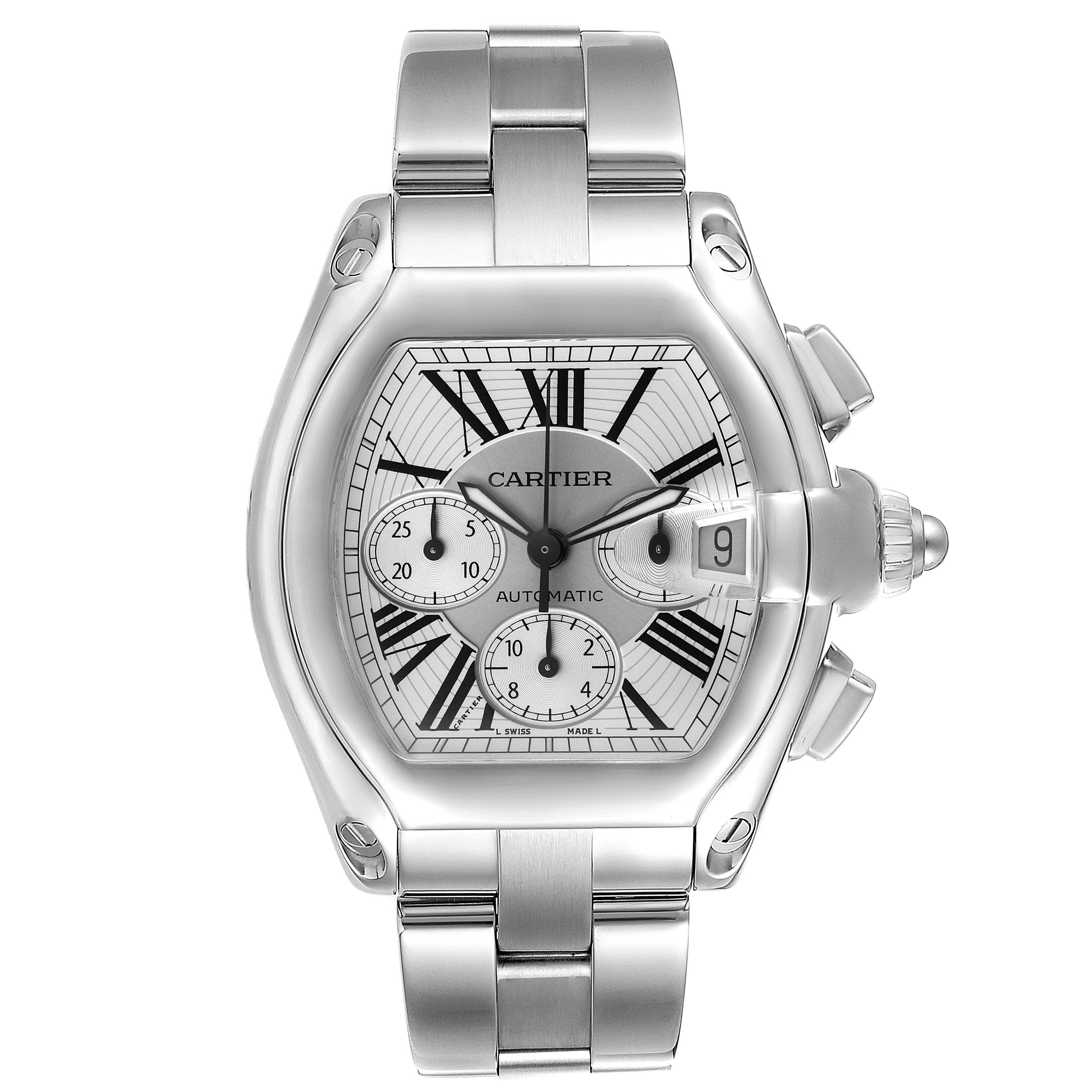 The Cartier Roadster W62019X6 Men's Stainless Steel Silver Dial watch is shown from a front angle, highlighting its face, crown, and bracelet.