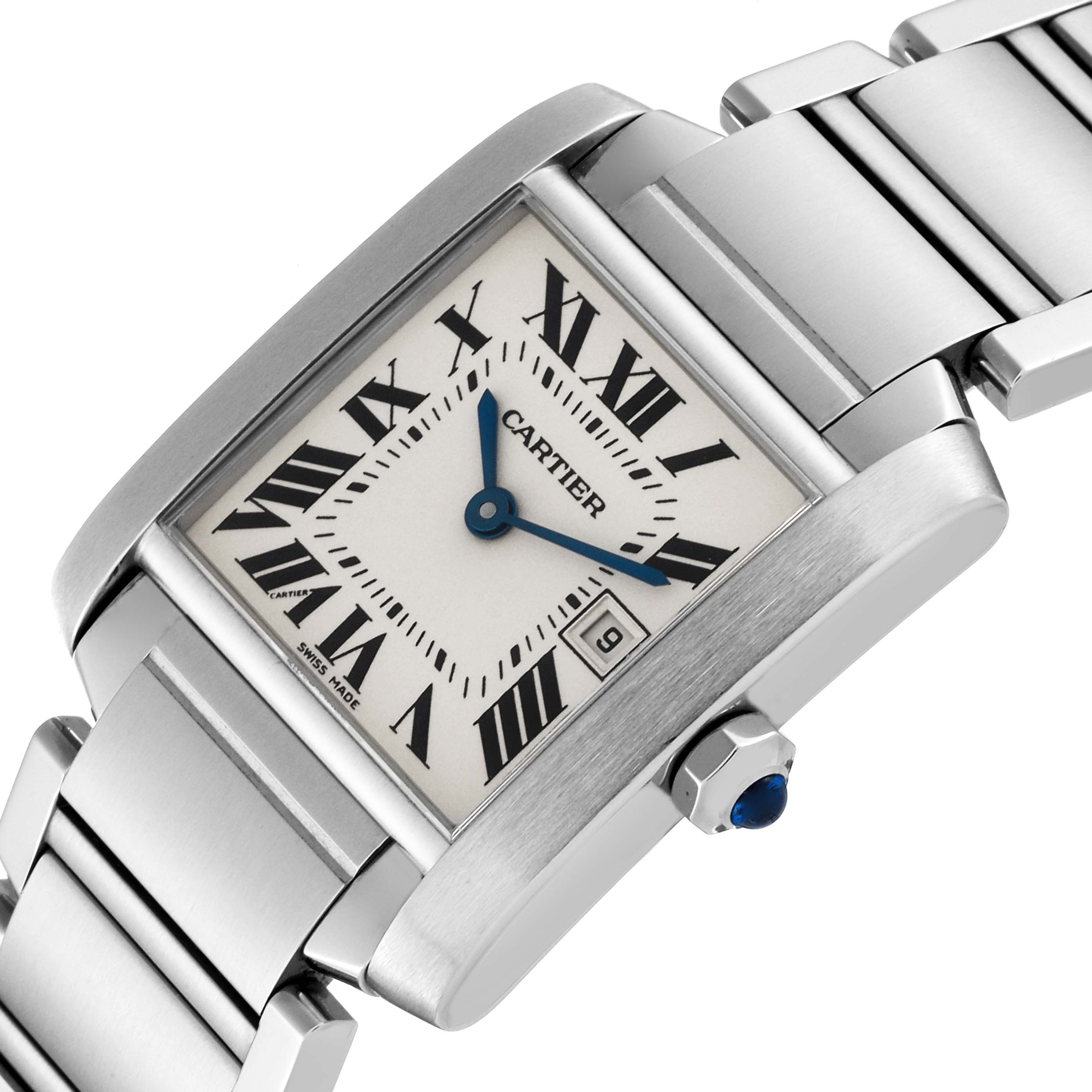 The image shows an angled view of the Cartier Tank Francaise W51011Q3 Women
s Stainless Steel Silver Dial W51011Q3 Women
s Stainless Steel Silver Dial watch, highlighting its dial, bracelet, and crown.