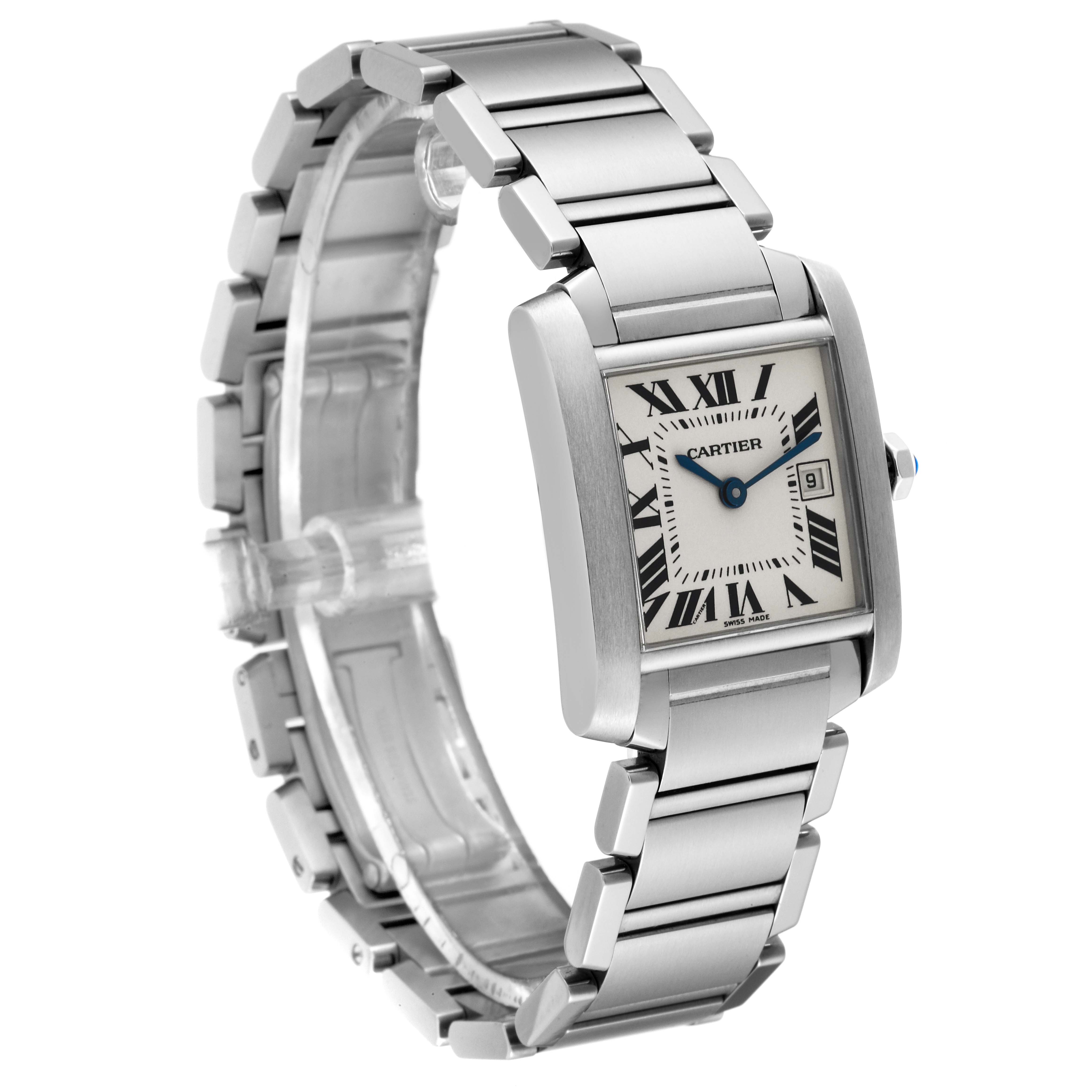 The Cartier Tank Francaise W51011Q3 Women
s Stainless Steel Silver Dial W51011Q3 Women
s Stainless Steel Silver Dial watch is shown at a three-quarter angle, highlighting the face, buckle, and bracelet.