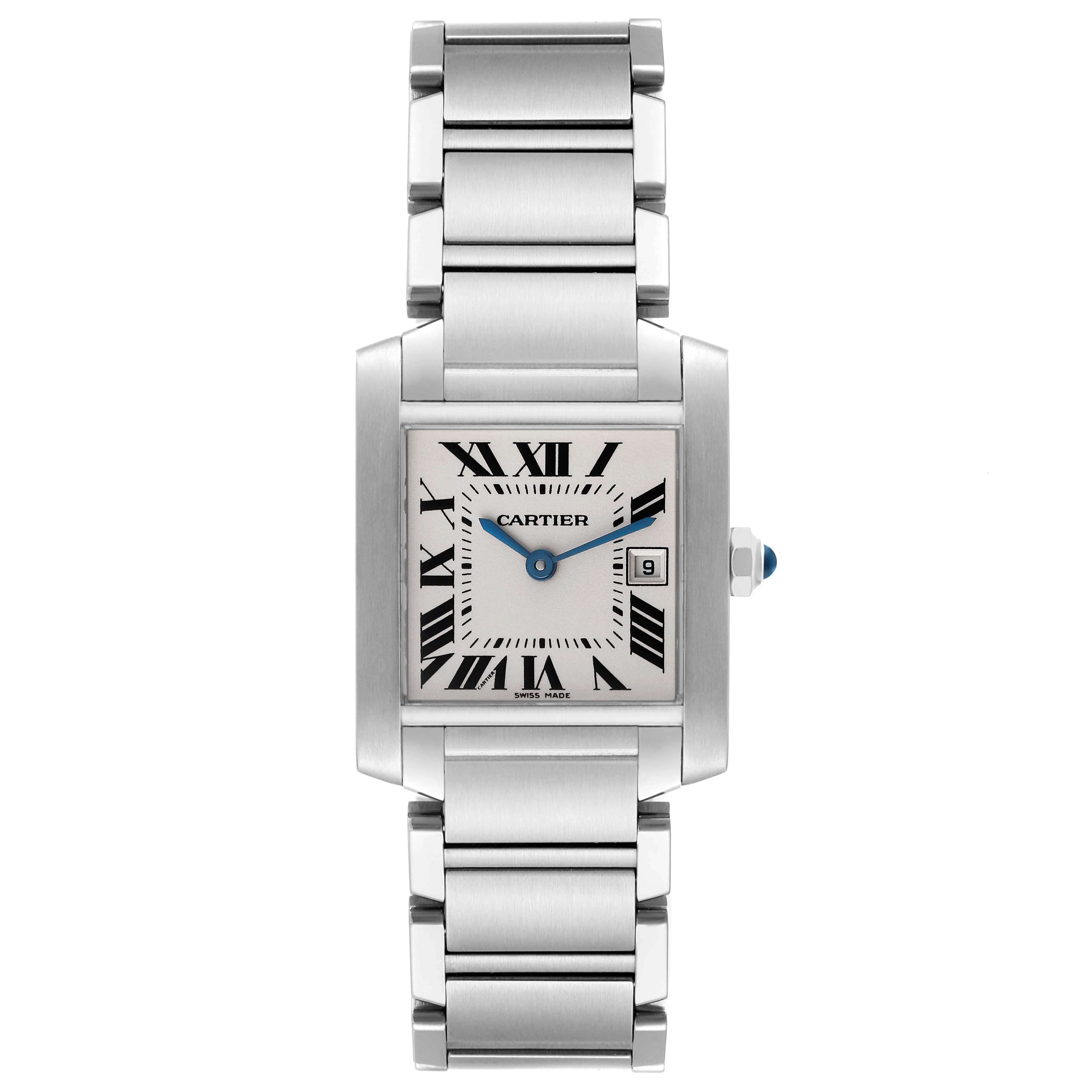 The image shows a front view of a Cartier Tank Francaise W51011Q3 Women
s Stainless Steel Silver Dial W51011Q3 Women
s Stainless Steel Silver Dial watch, highlighting its rectangular face, Roman numerals, and stainless steel bracelet.
