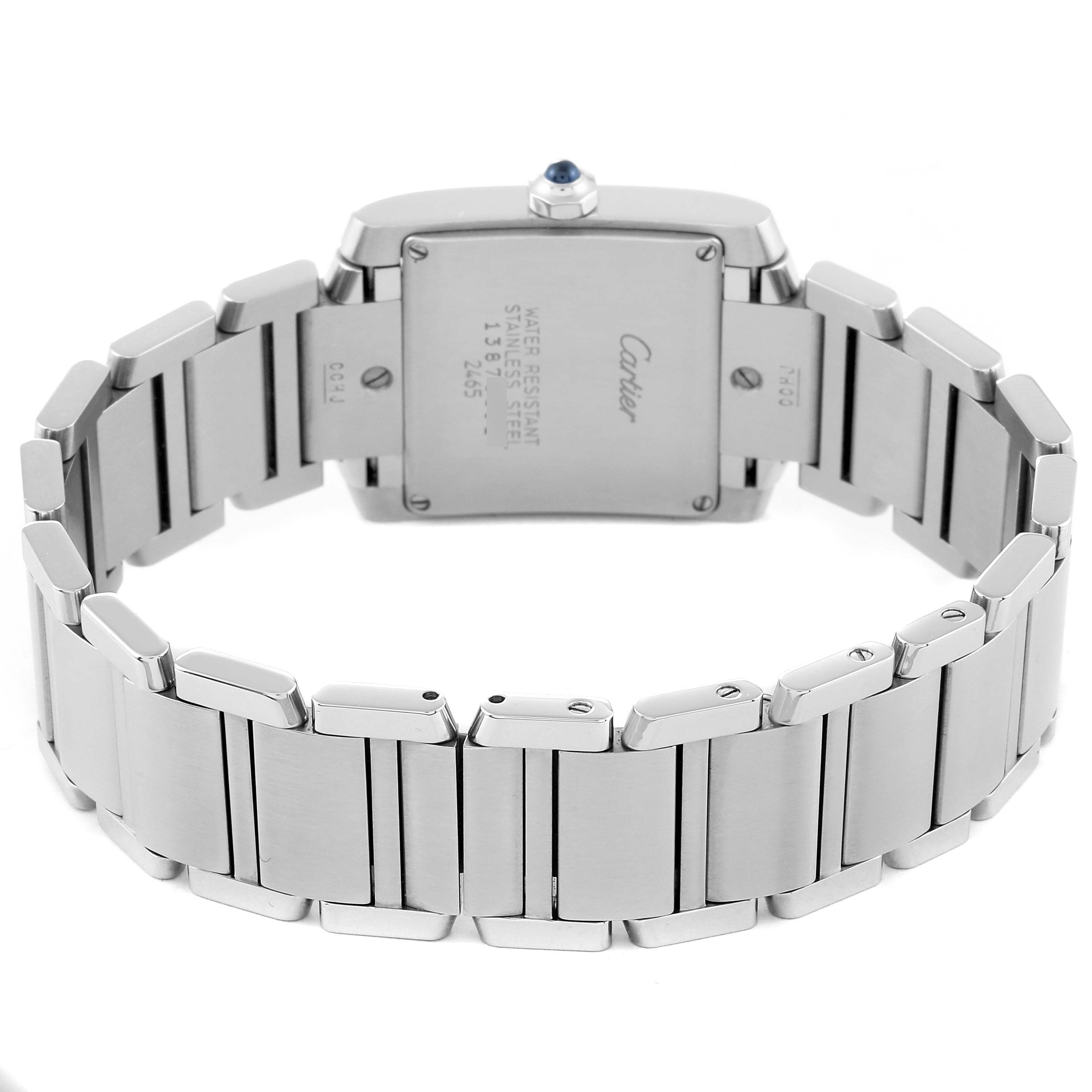 The image shows the back view, bracelet, and clasp of a Cartier Tank Francaise W51011Q3 Women
s Stainless Steel Silver Dial W51011Q3 Women
s Stainless Steel Silver Dial watch.
